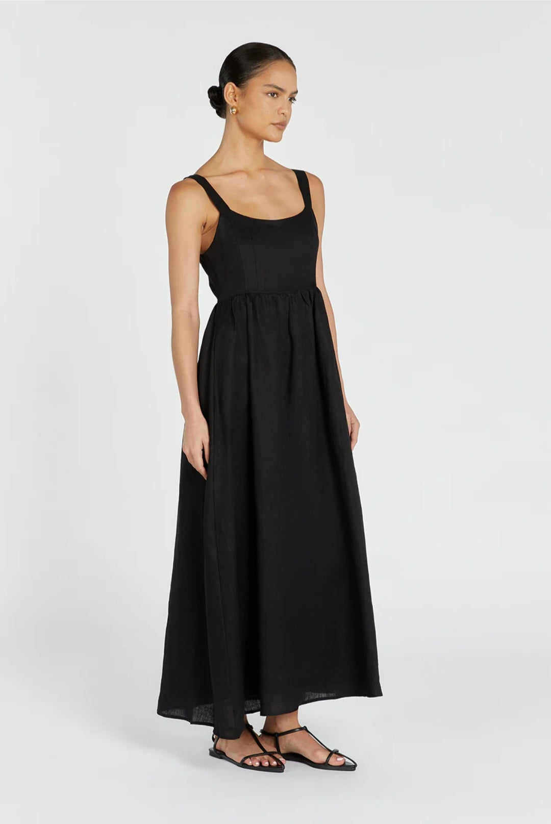 Black Linen Dress with Straps (syncee)-2