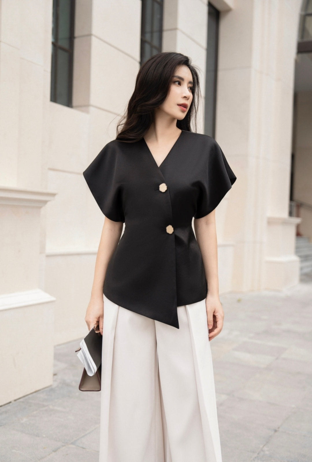 Asymmetrical Black Shirt with Wrap Style-4