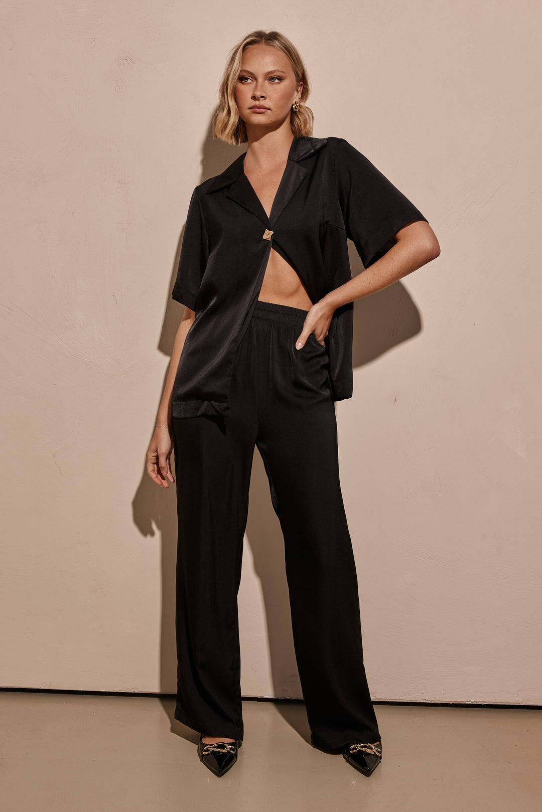 Black Satin Co Ord Set for Women with Collared Shirt and Plazos-3