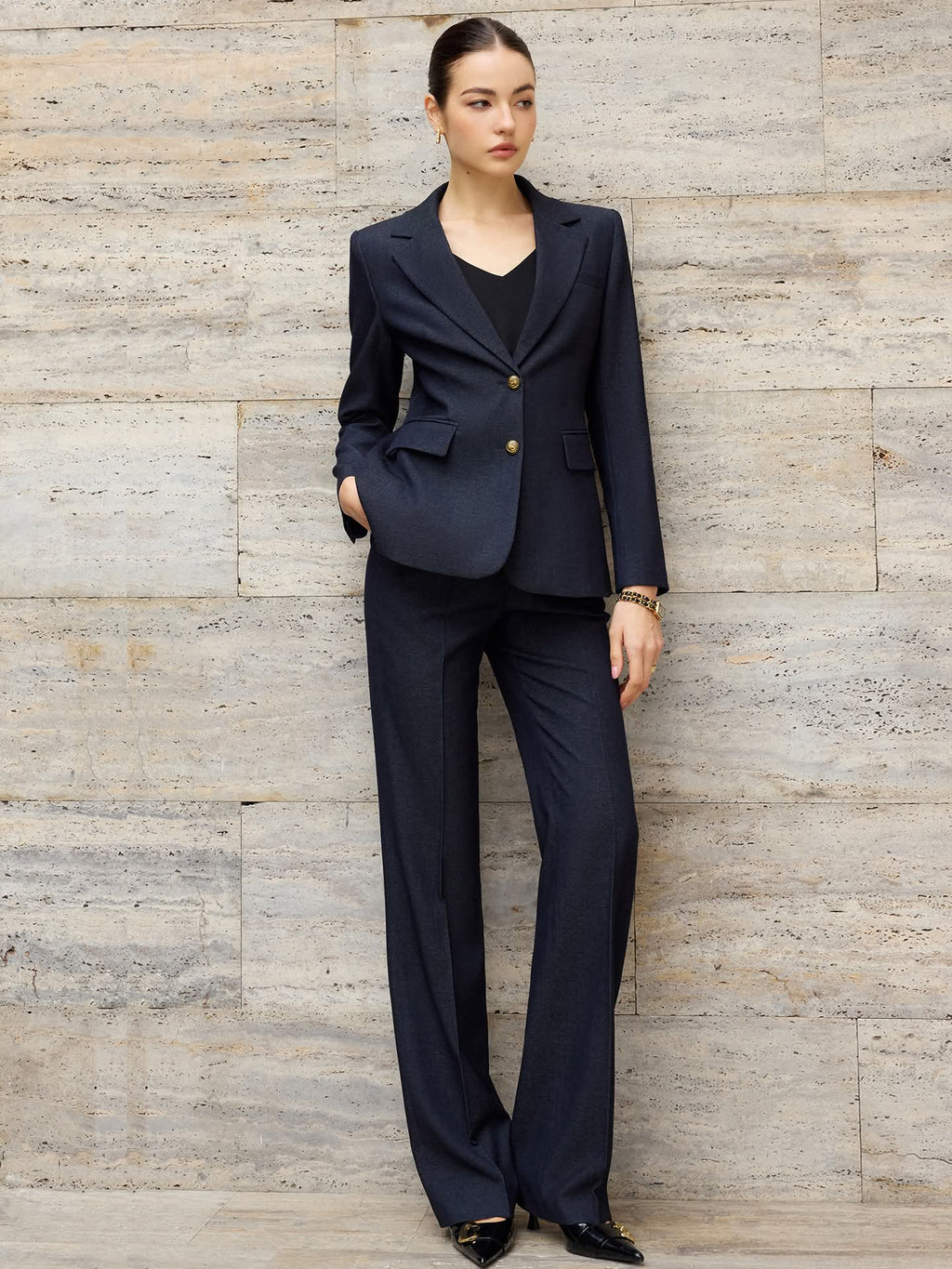 Navy wide-leg pantsuit - metallic buttons-4
