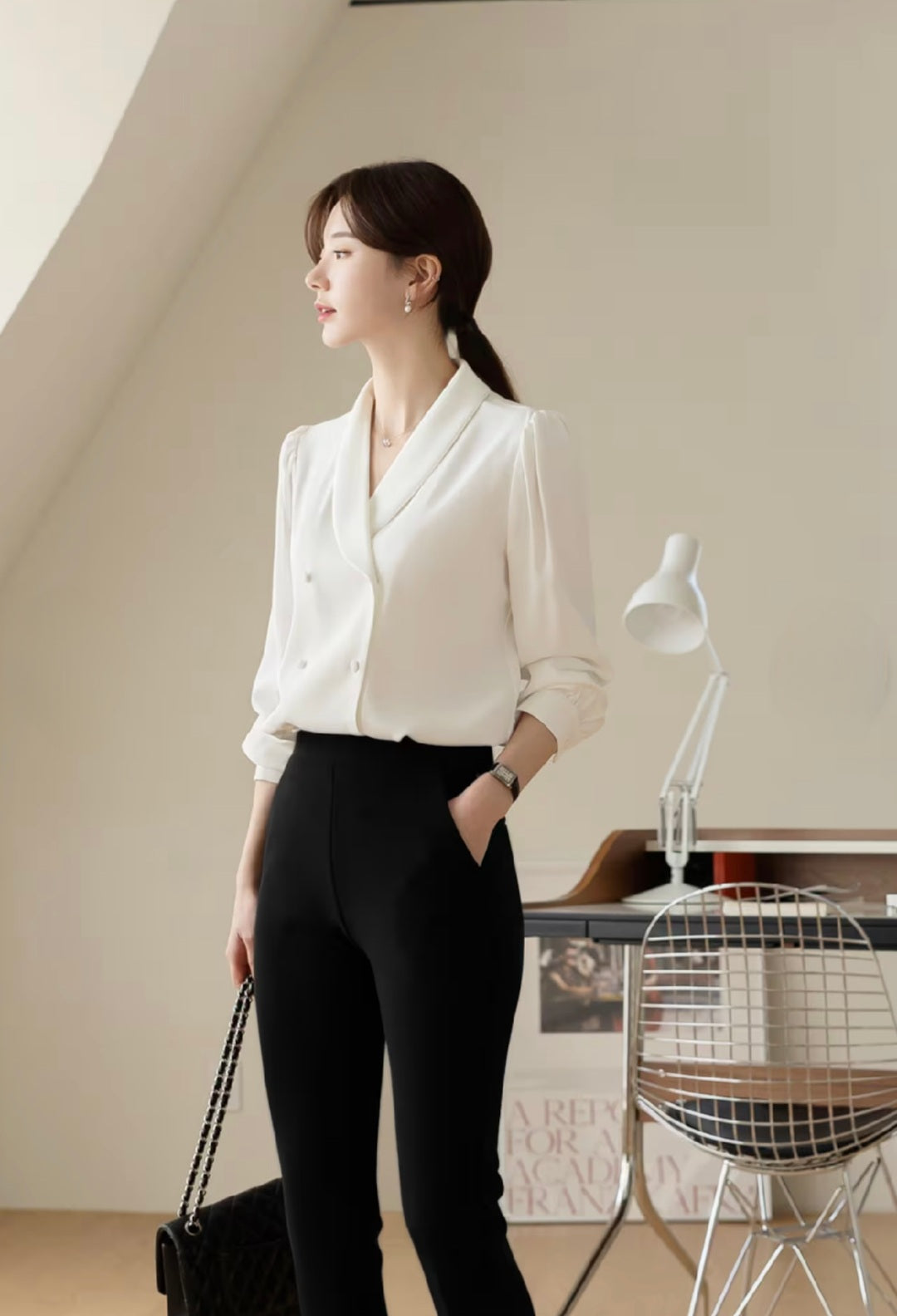 Shawl Collar Double-Breasted Formal Top with Puffed Sleeves-3