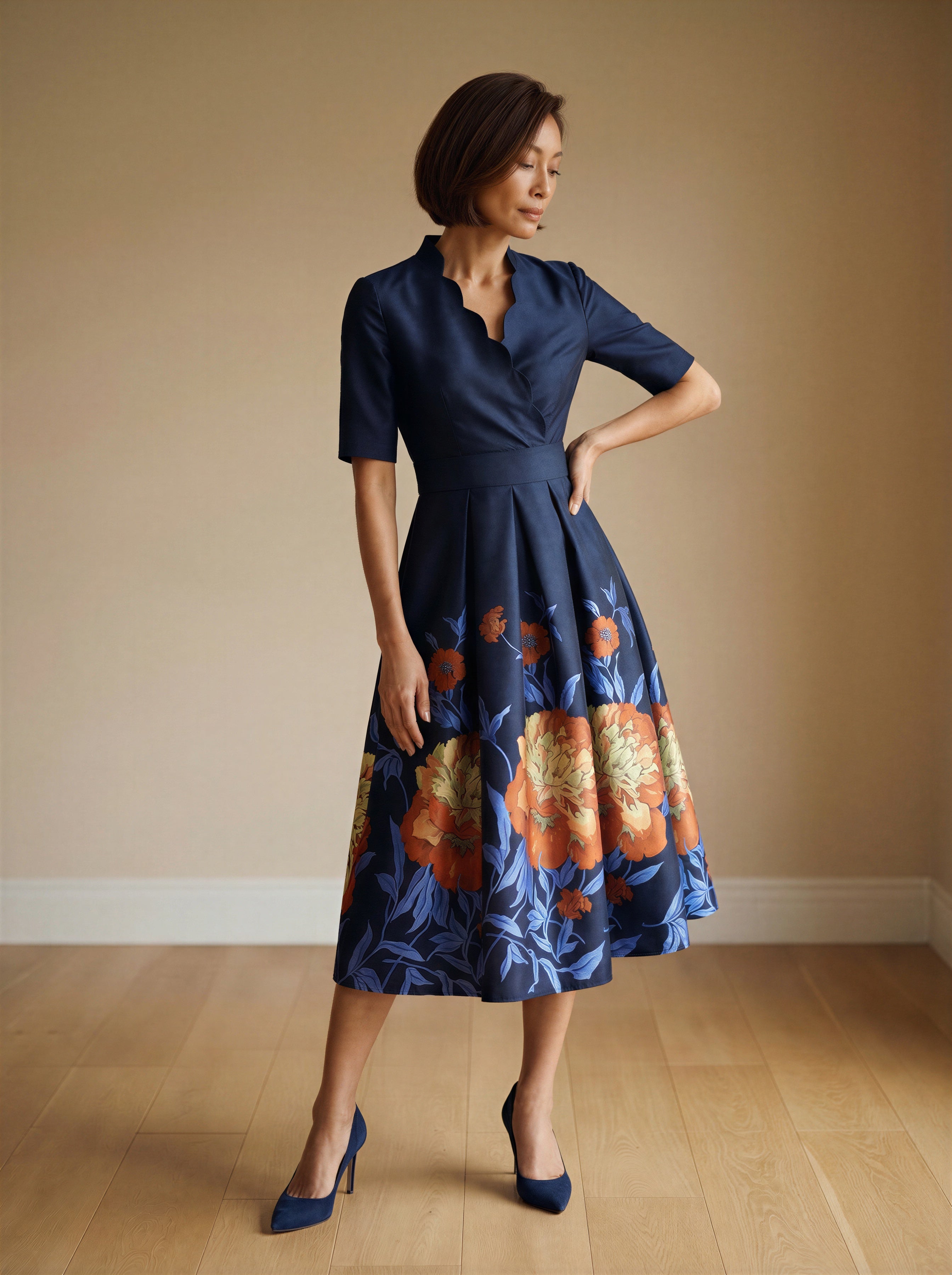 Navy blue v-neck brocade mother of the bride dress-0