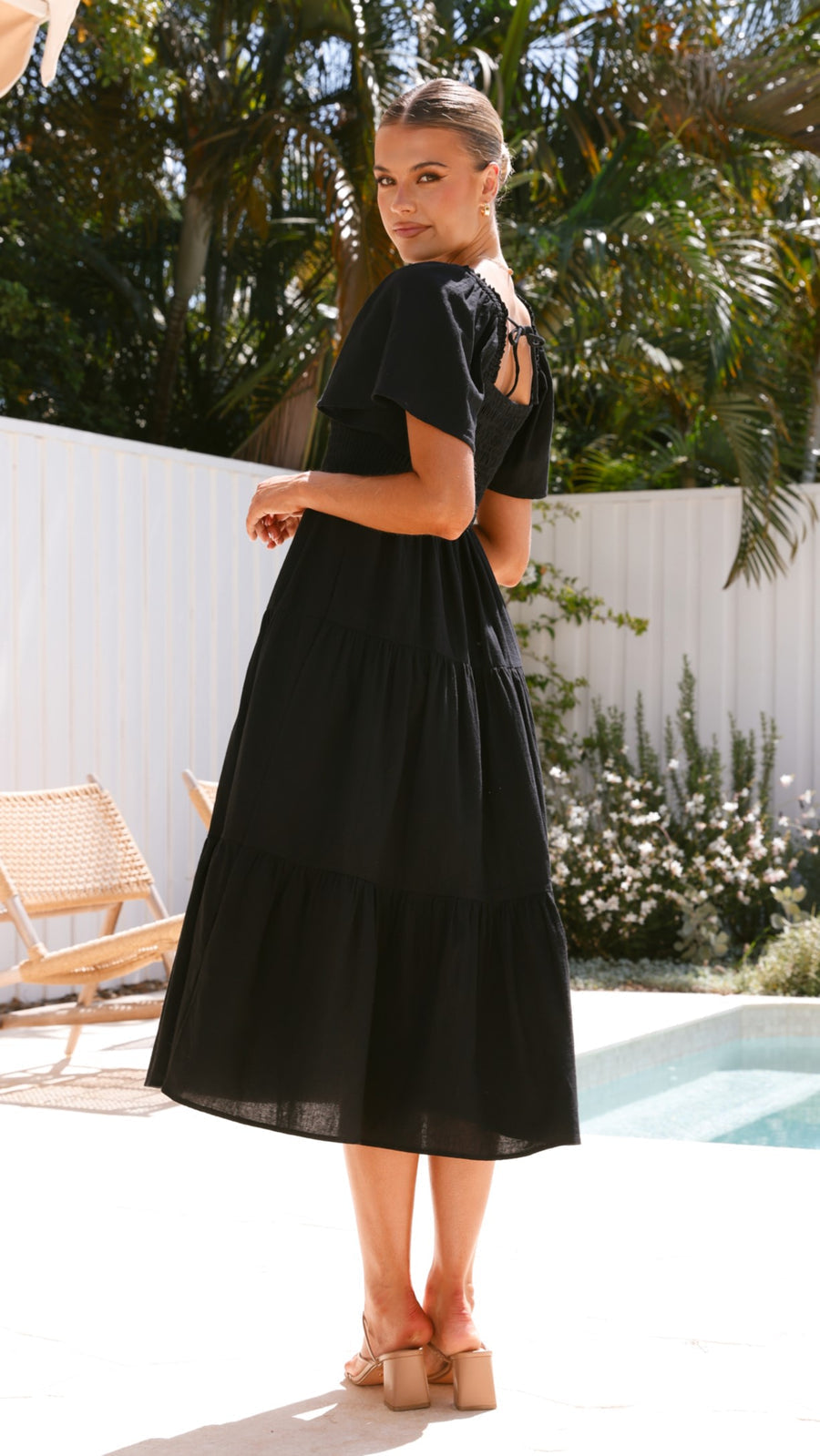 Black Linen Smocked Midi Dress with Flutter Sleeves (syncee)-0