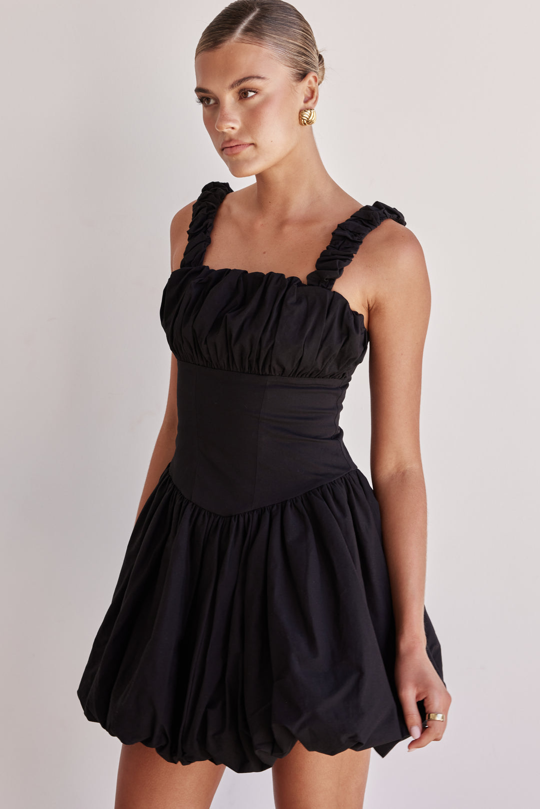 Black Cotton Poplin Bubble Mini Dress-2