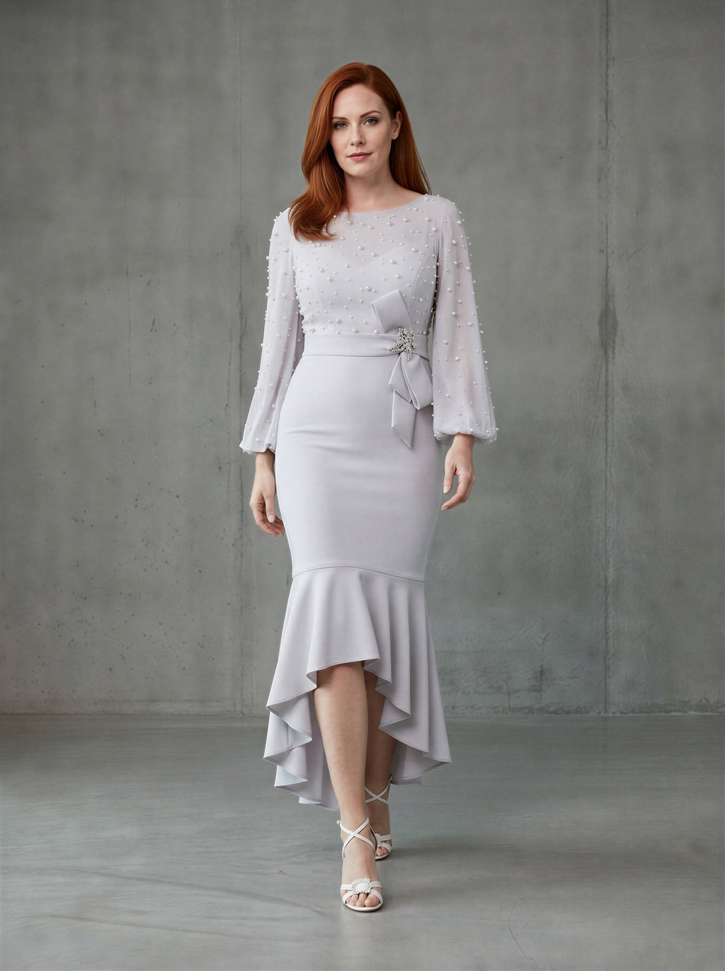 The mermaid ball sleeves pearls embellished mother of the bride dress - light grey-0