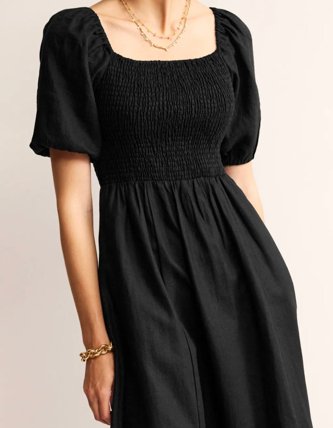Black Linen Dress with Smock Design-4
