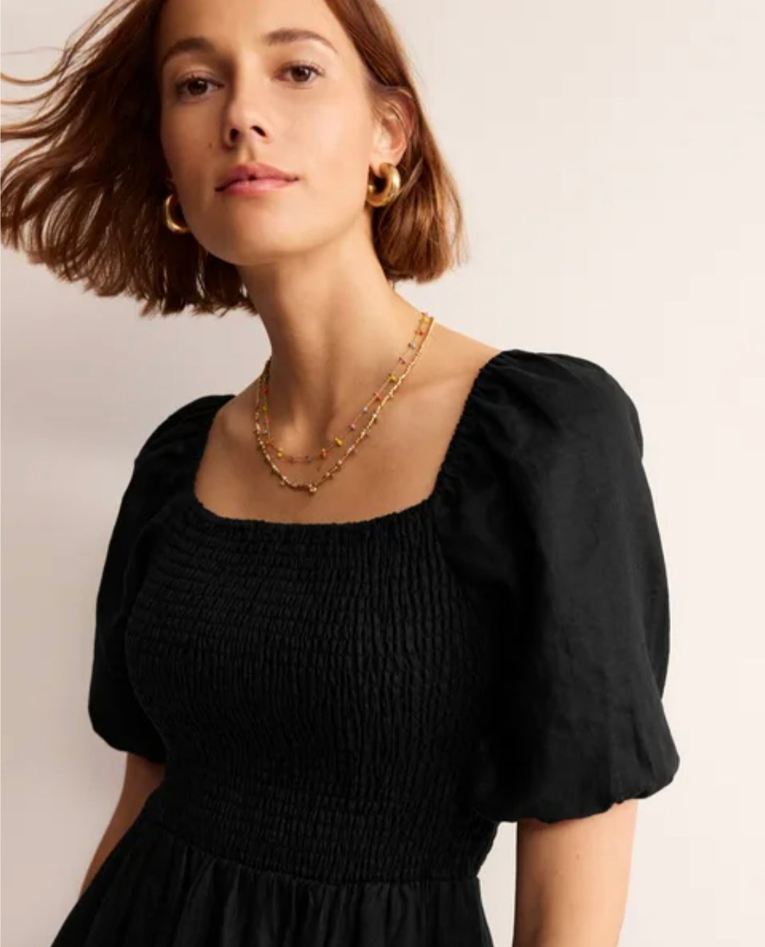 Black Linen Dress with Smock Design-3