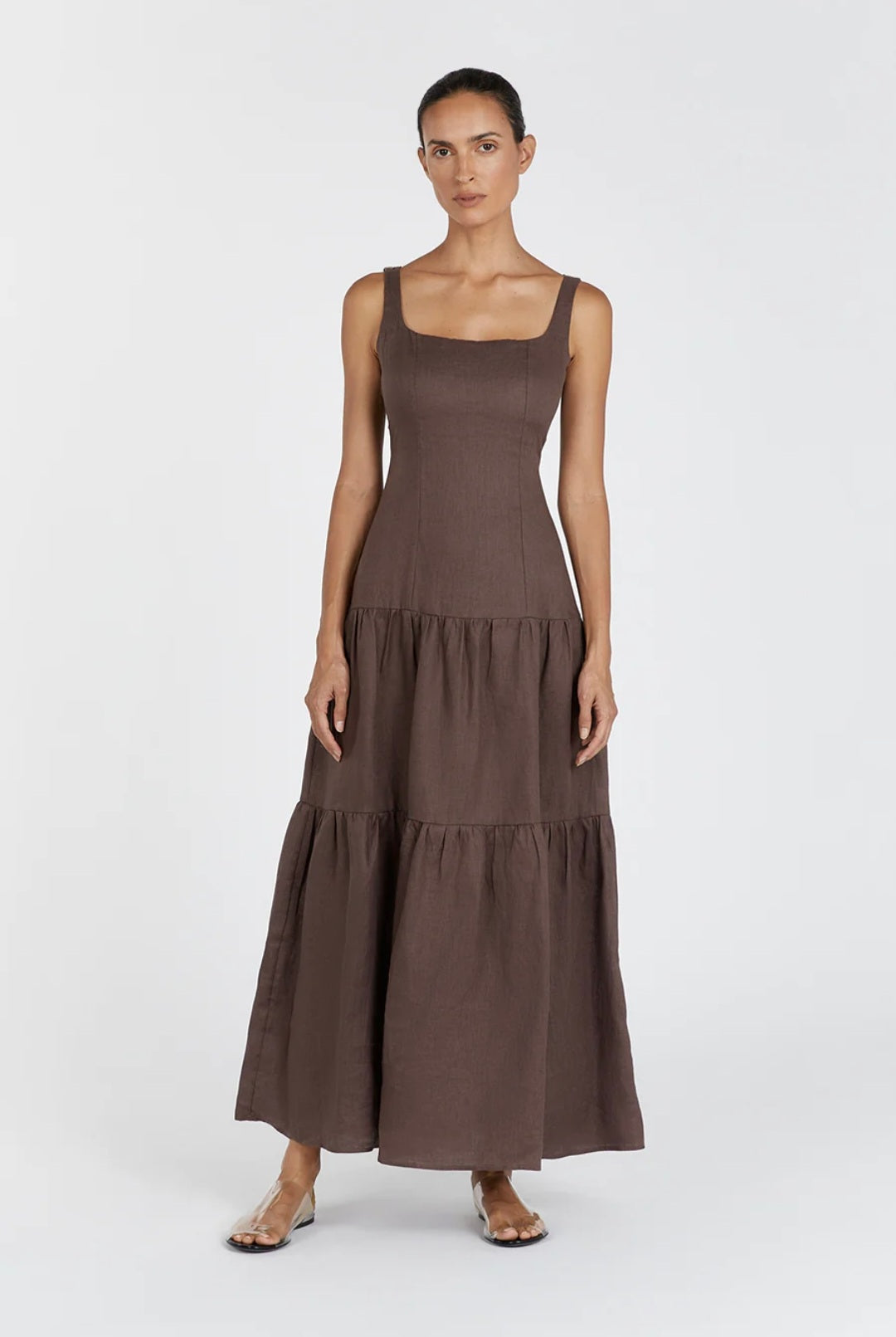 Brown Linen Tiered Dress (syncee)-0