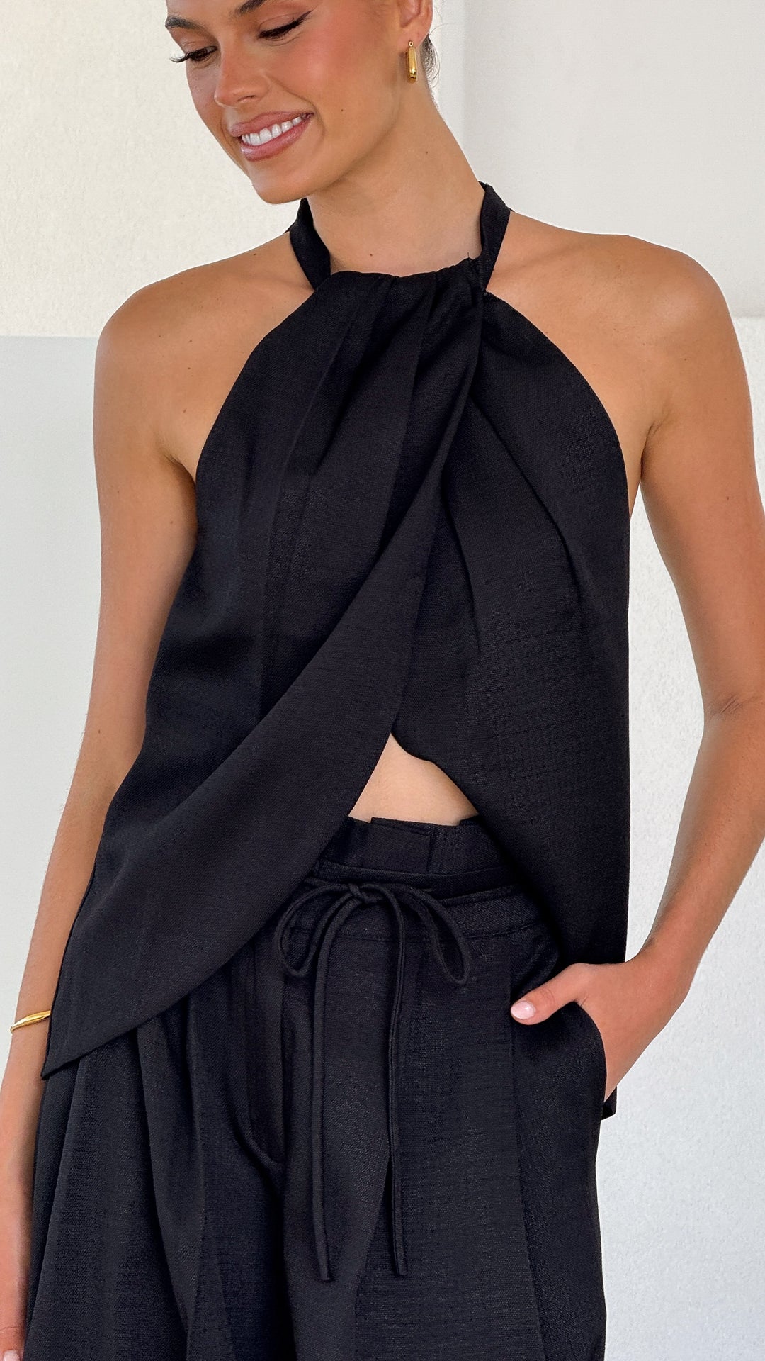 Midnight Drape Halter Top in Black Crepe with Trousers-2