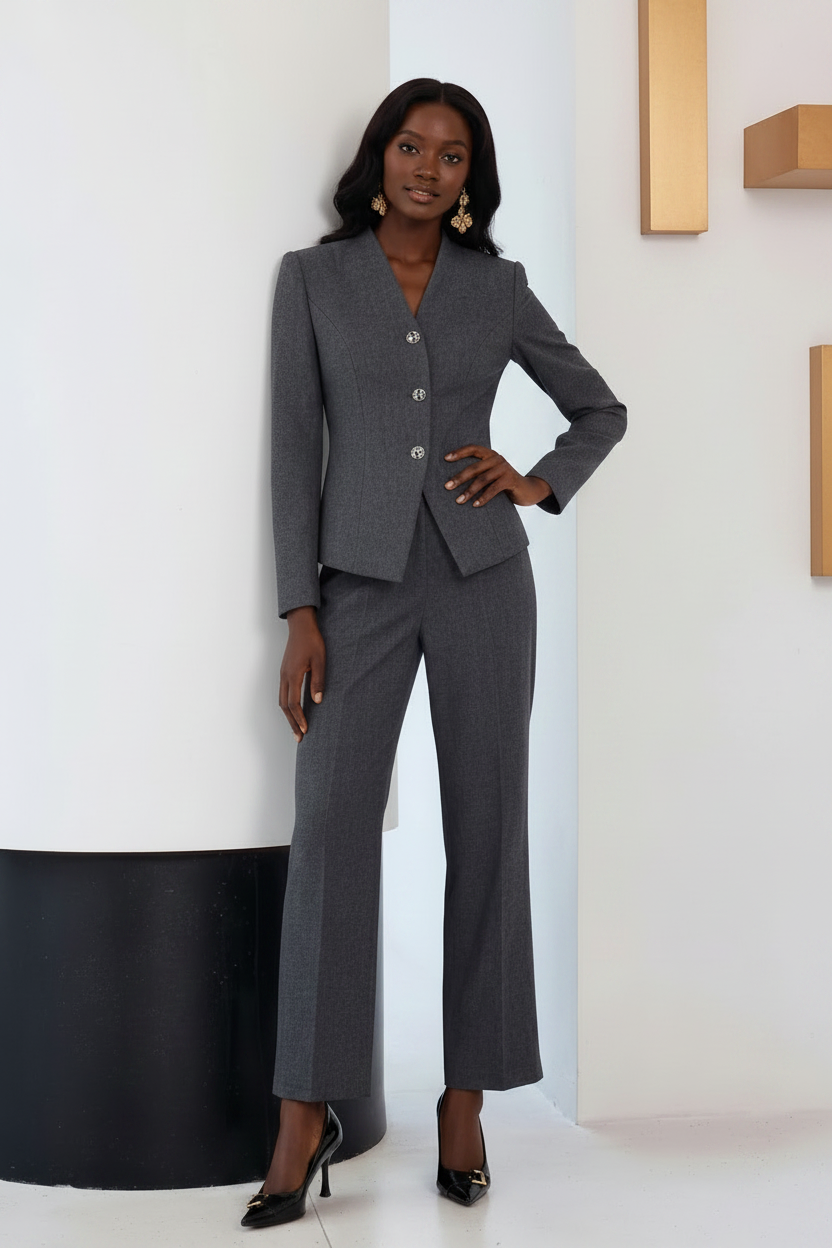 Charcaol grey collarless pantsuit-2