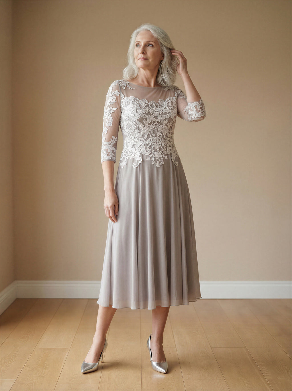 Handmade Dusty Pink 3/4 Sleeve Charming Mid-Calf Bride Dress-0