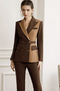 Brown double breasted two-tone belted pantsuit (UK size 6)-0