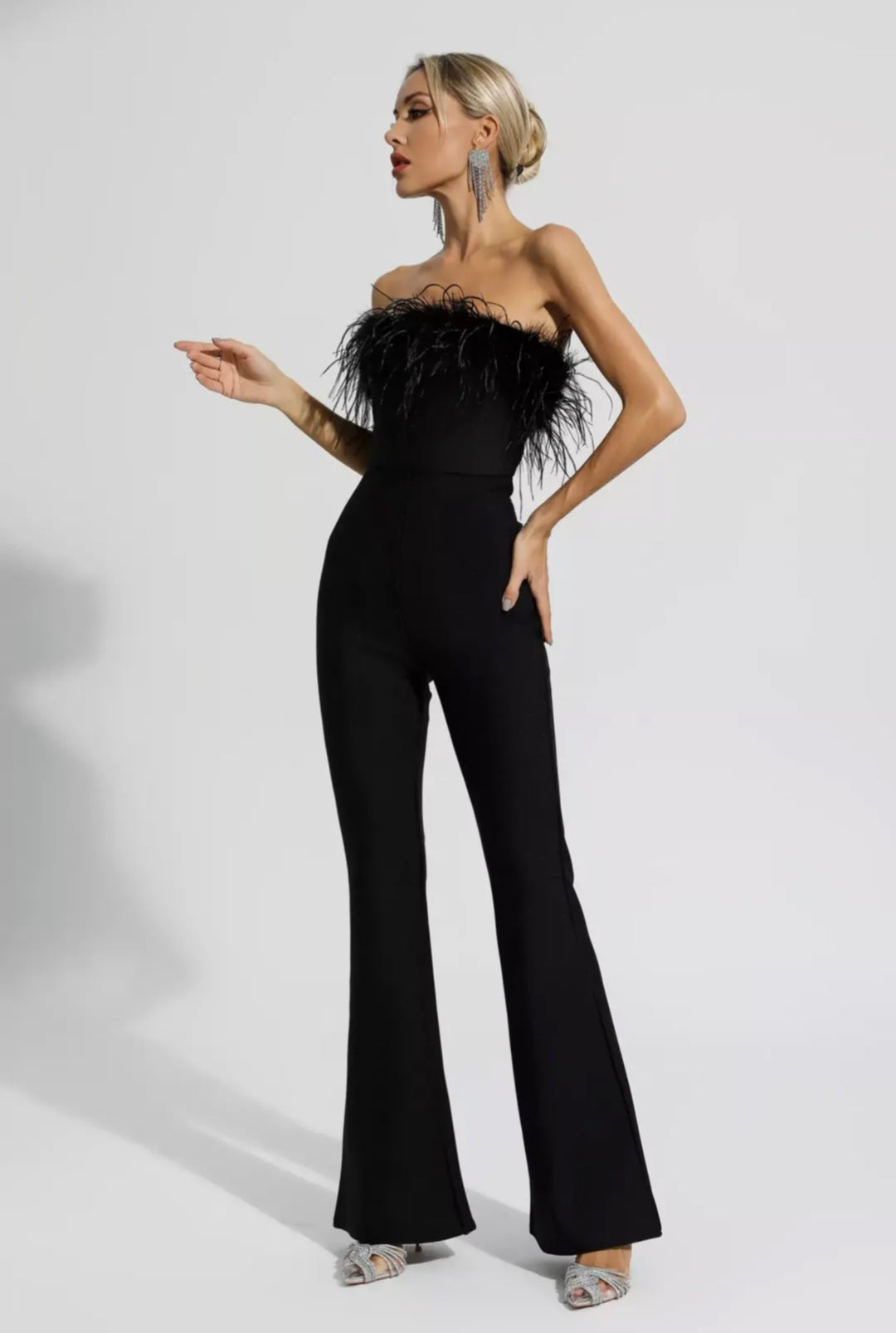 Black Jumpsuit with Ostrich Feathers | Tube Jumpsuit | Feather Jumpsuit | Summer Clothing-3