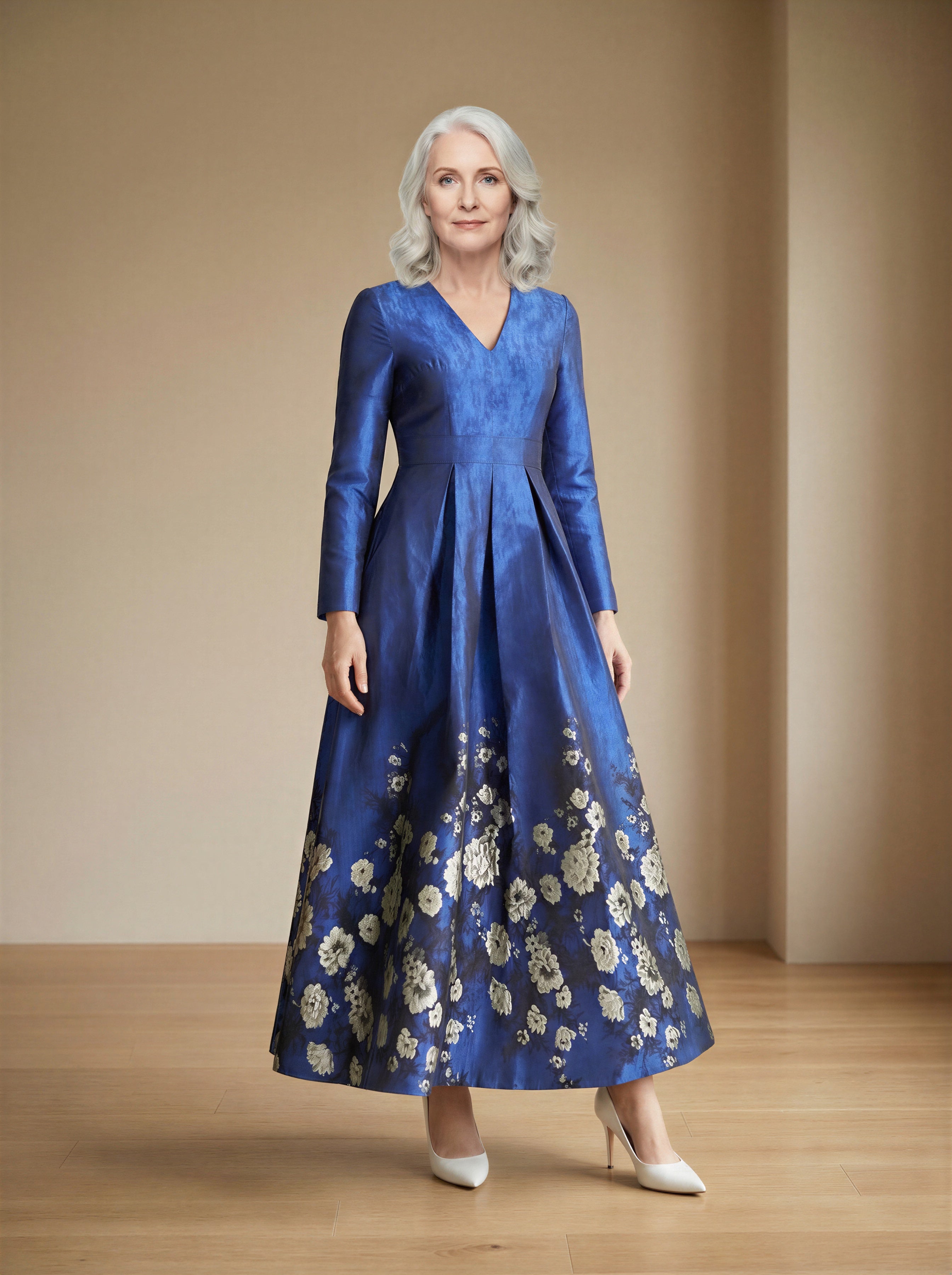 The Blue Floral Brocade Formal Mum Dress - Long Sleeves-1