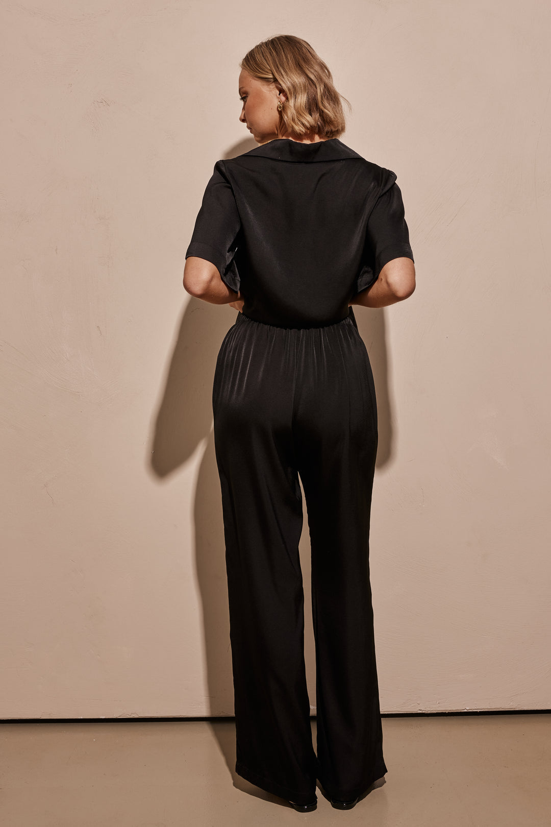 Black Satin Co Ord Set for Women with Collared Shirt and Plazos-1