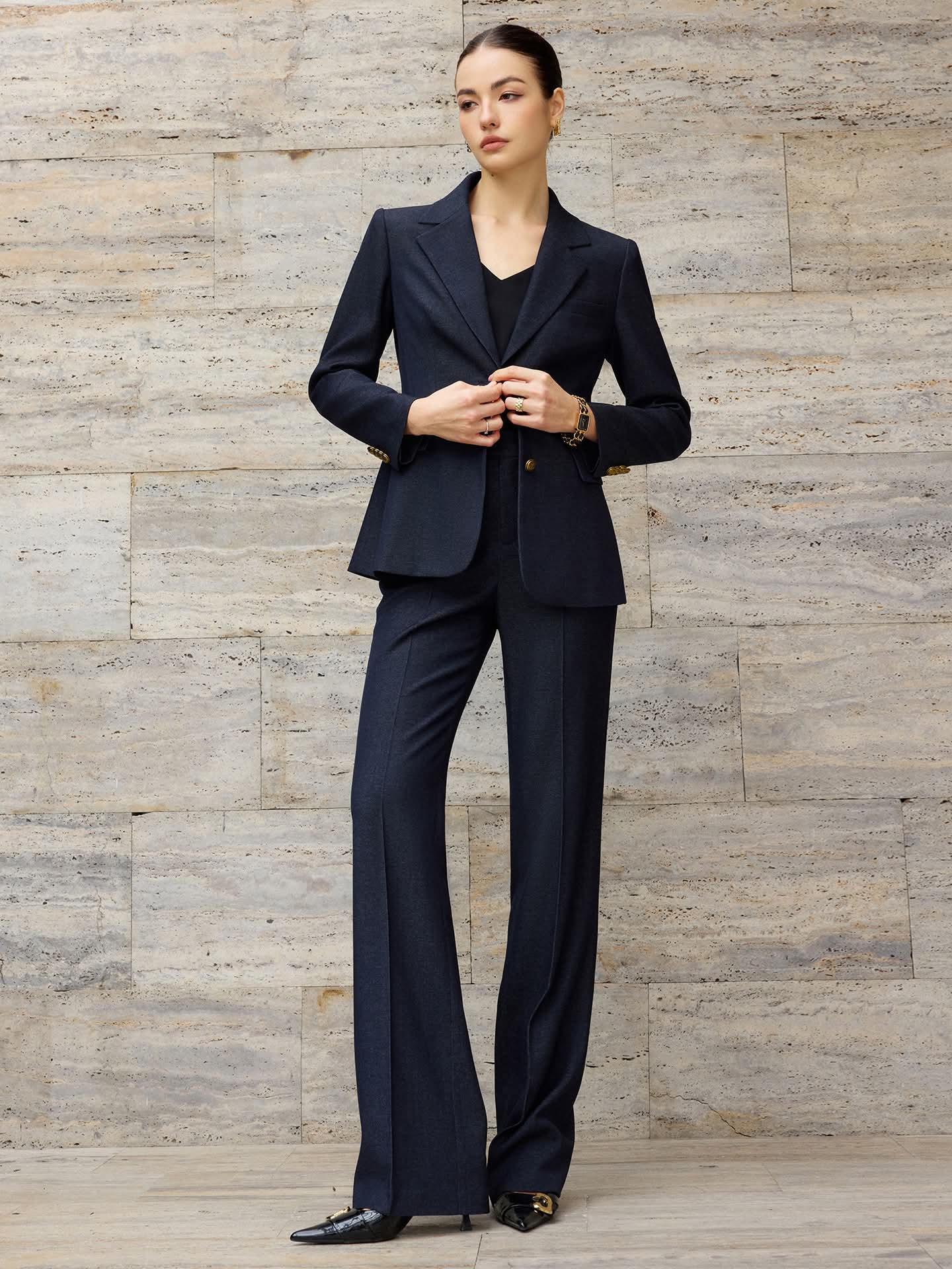 Navy wide-leg pantsuit - metallic buttons-3