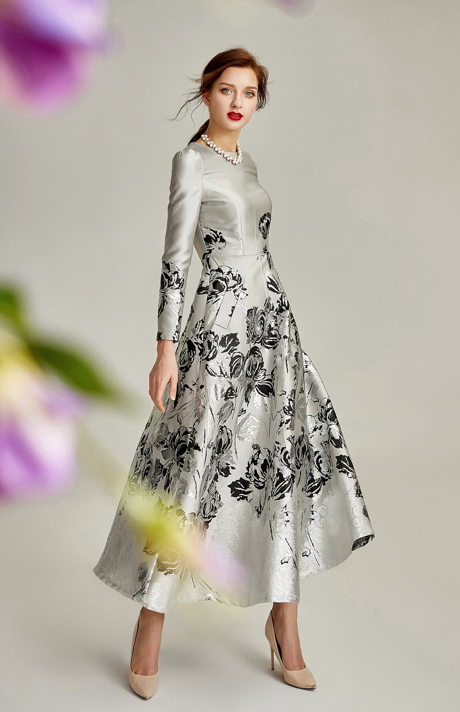 The A-line Silver Jacquard Formal Mum Dress-4