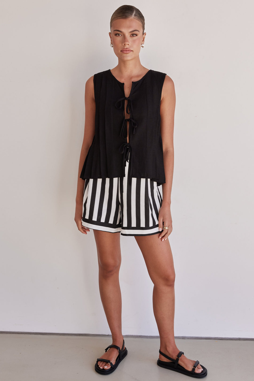 Black Linen Tie-Up Top – Sleeveless Pleated Front Blouse-3