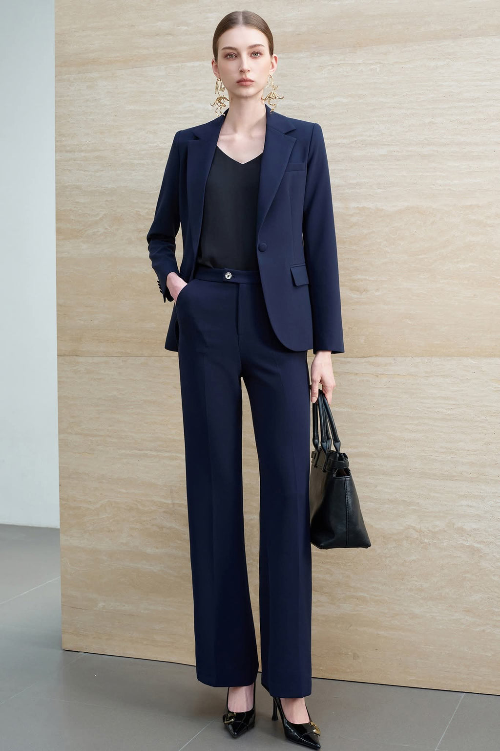 Modern Navy Power Suit with Wide-Leg Trousers-2