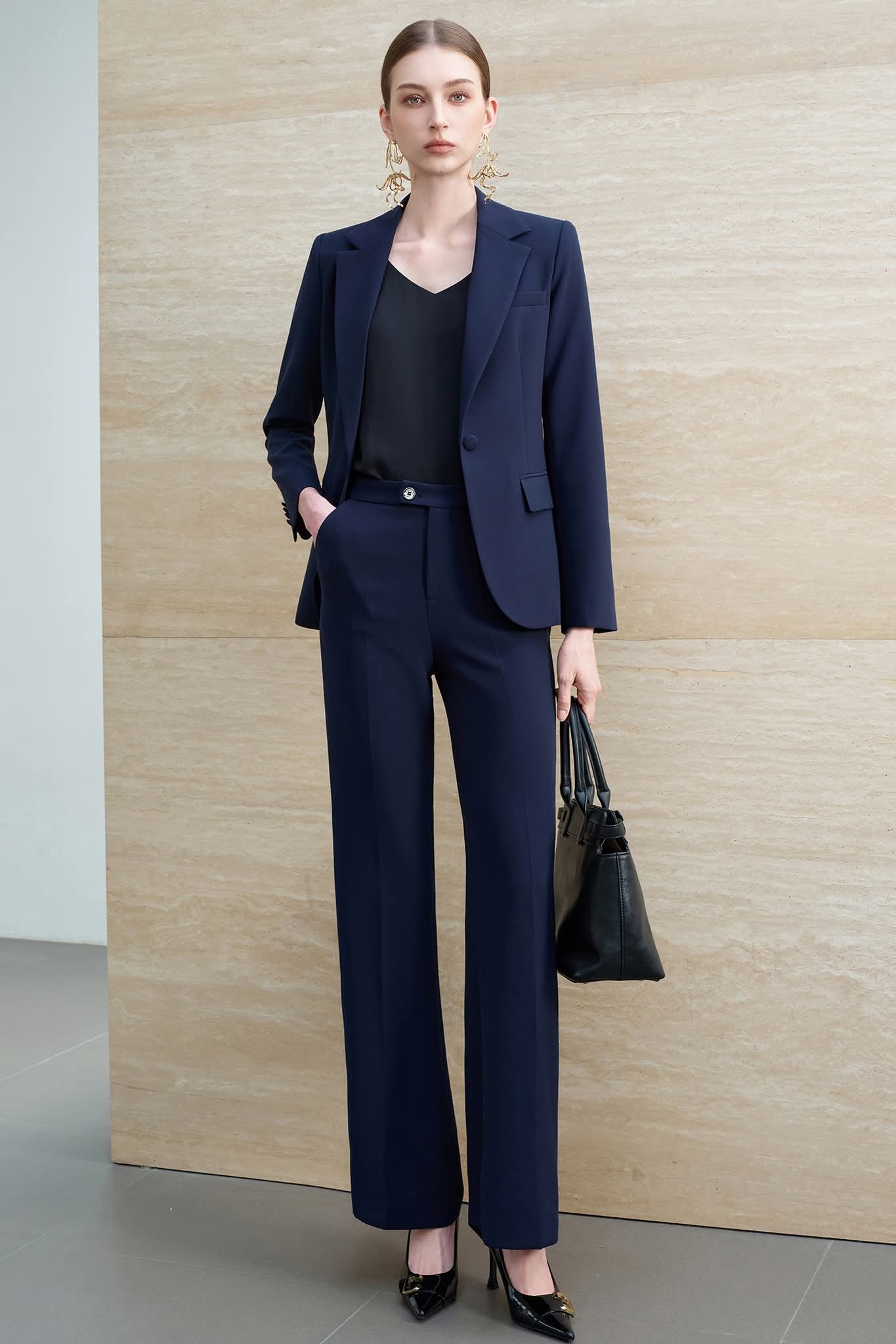 Modern Navy Power Suit with Wide-Leg Trousers-2
