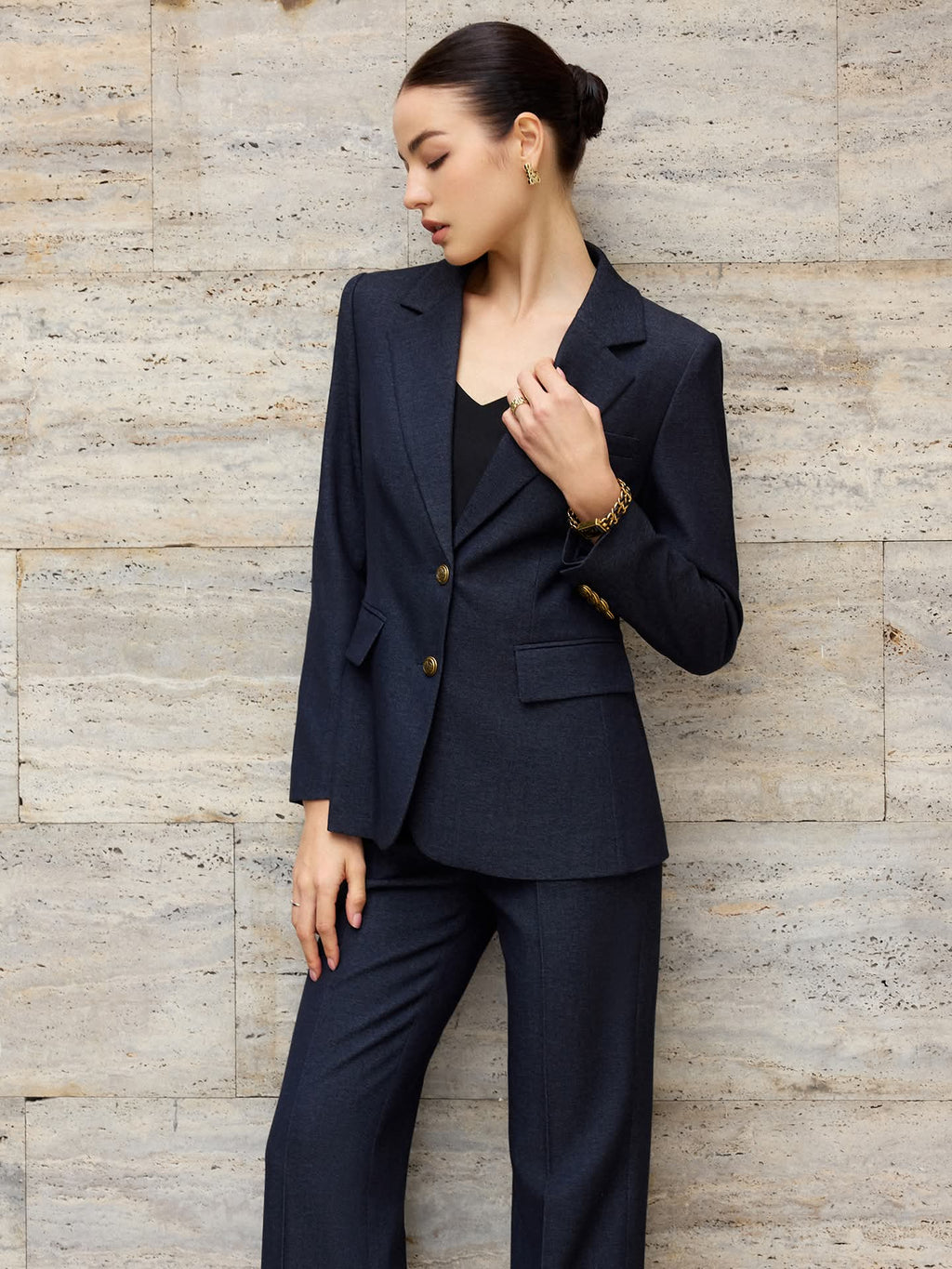 Navy wide-leg pantsuit - metallic buttons-2