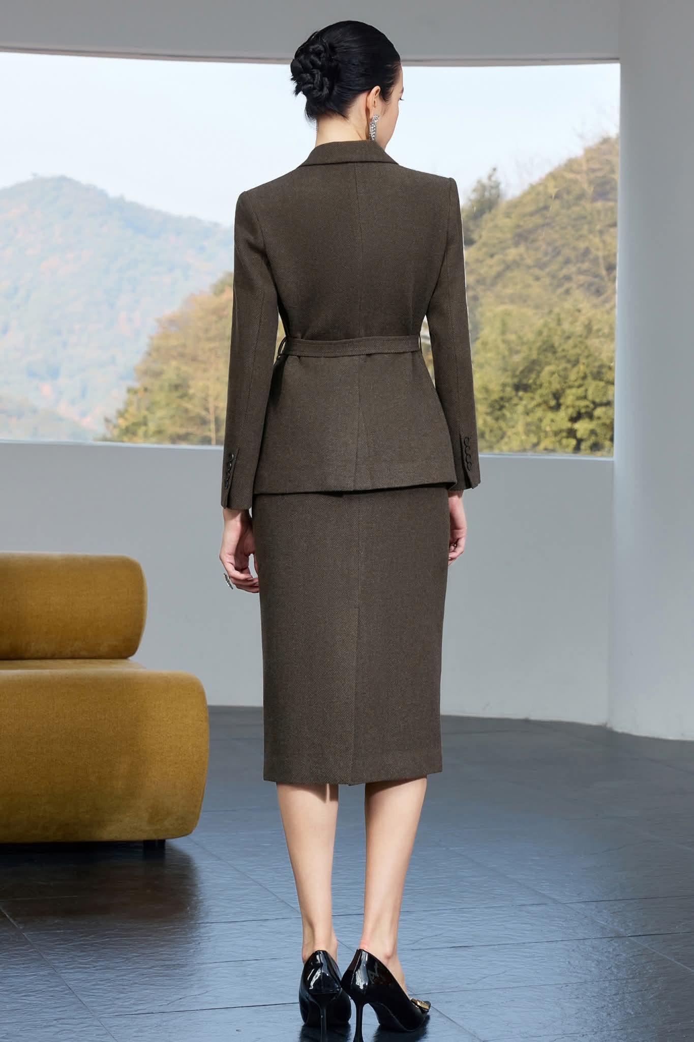 Belted wool skirt suit in coffee brown-0