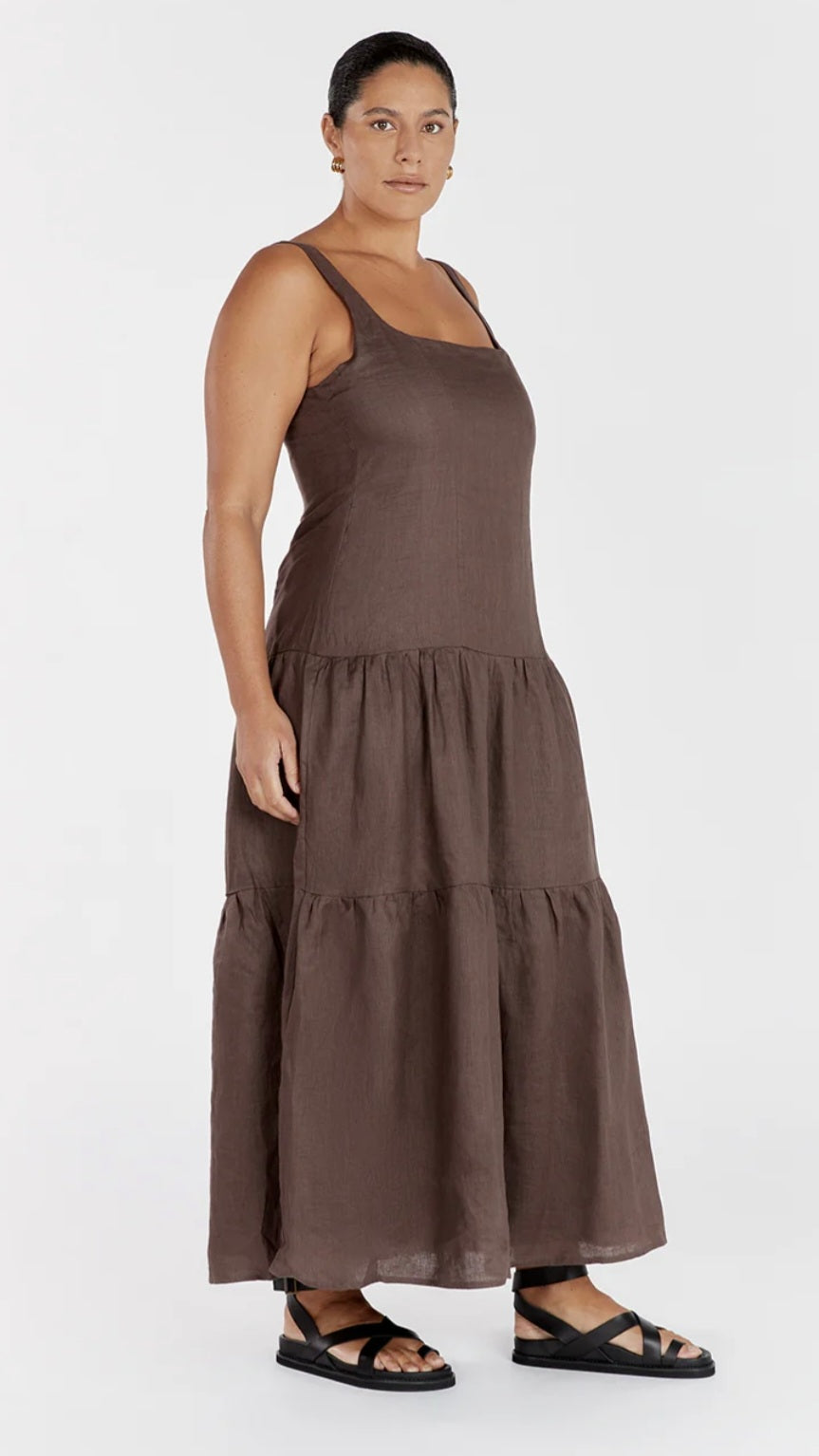 Brown Linen Tiered Dress (syncee)-4