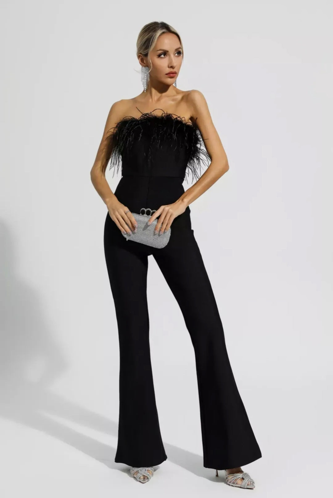 Black Jumpsuit with Ostrich Feathers | Tube Jumpsuit | Feather Jumpsuit | Summer Clothing-4
