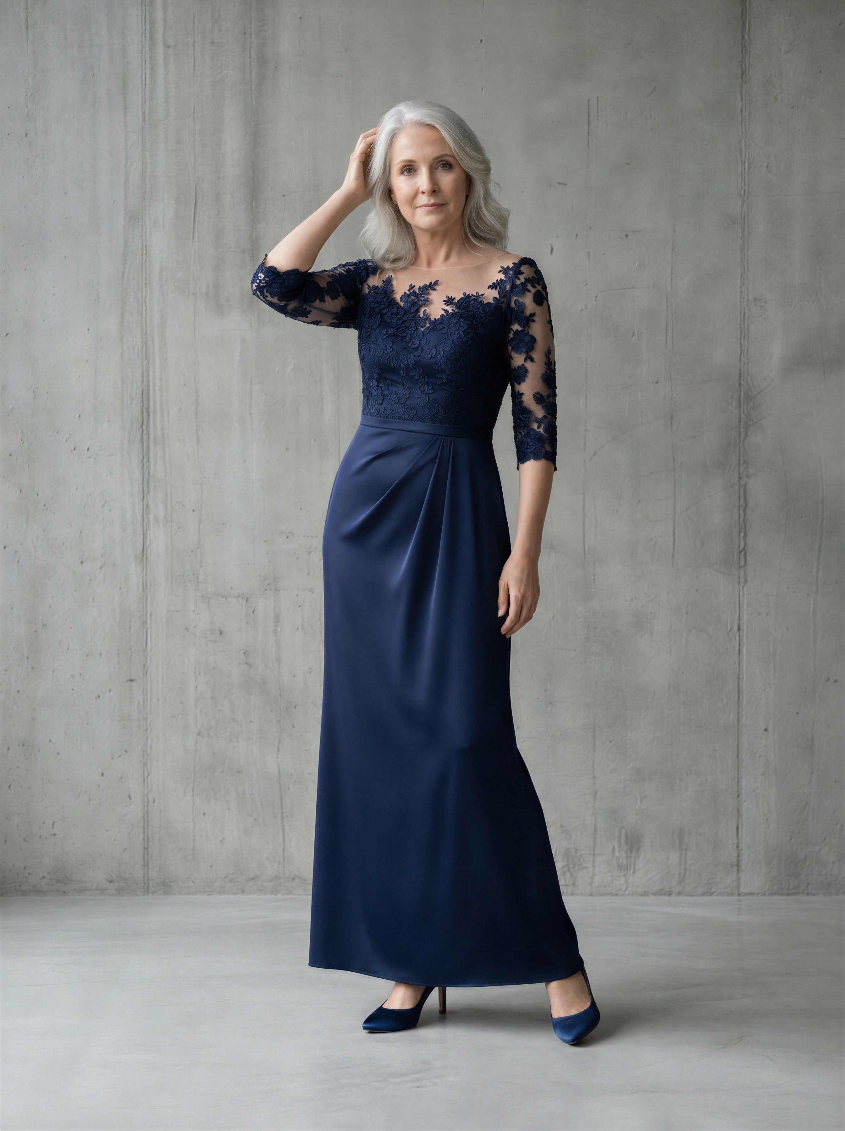 Navy blue maxi pleated waistline mermaid mother of the bride/groom maxi dress-1