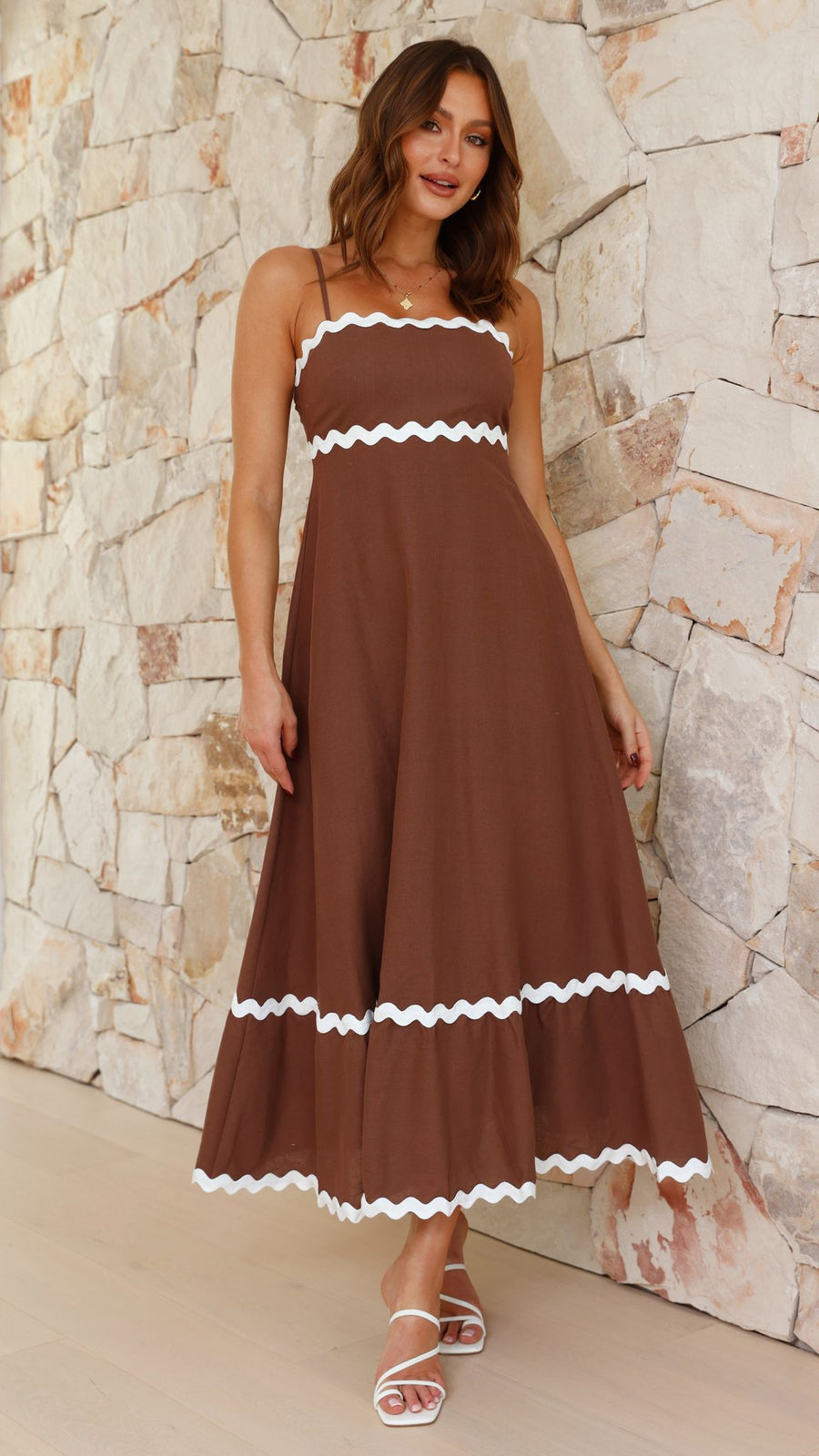 Camel Brown Linen Dress with Ric Rac Lace-0