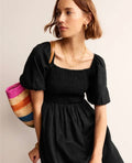 Black Linen Dress with Smock Design-0