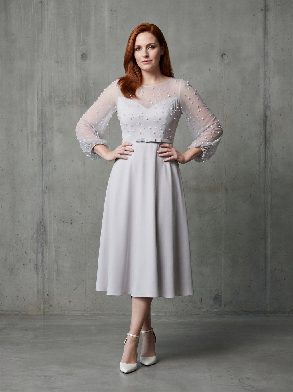 The pearl-embellished ball sleeves mum dress-0