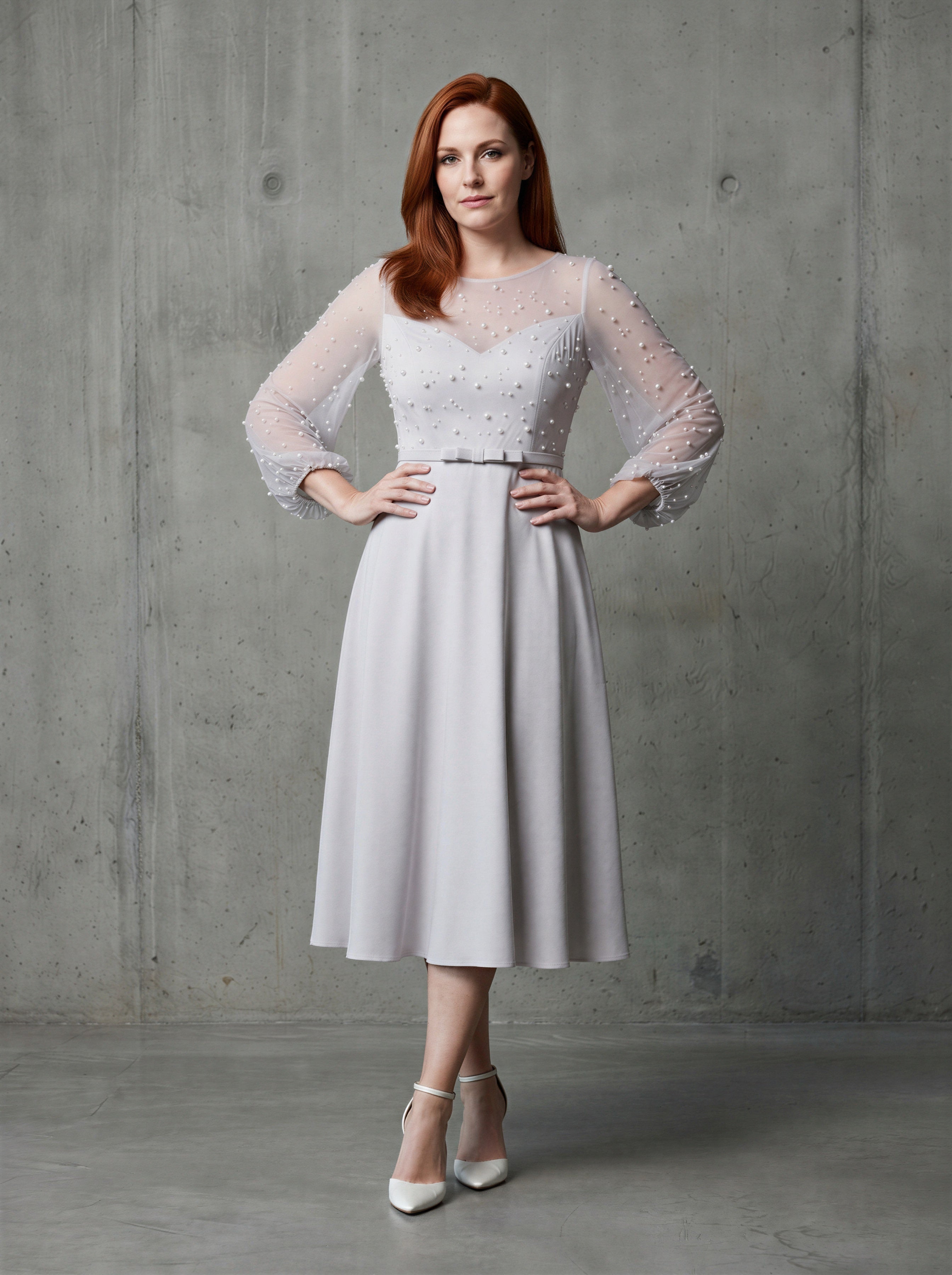 The pearl-embellished ball sleeves mum dress-0