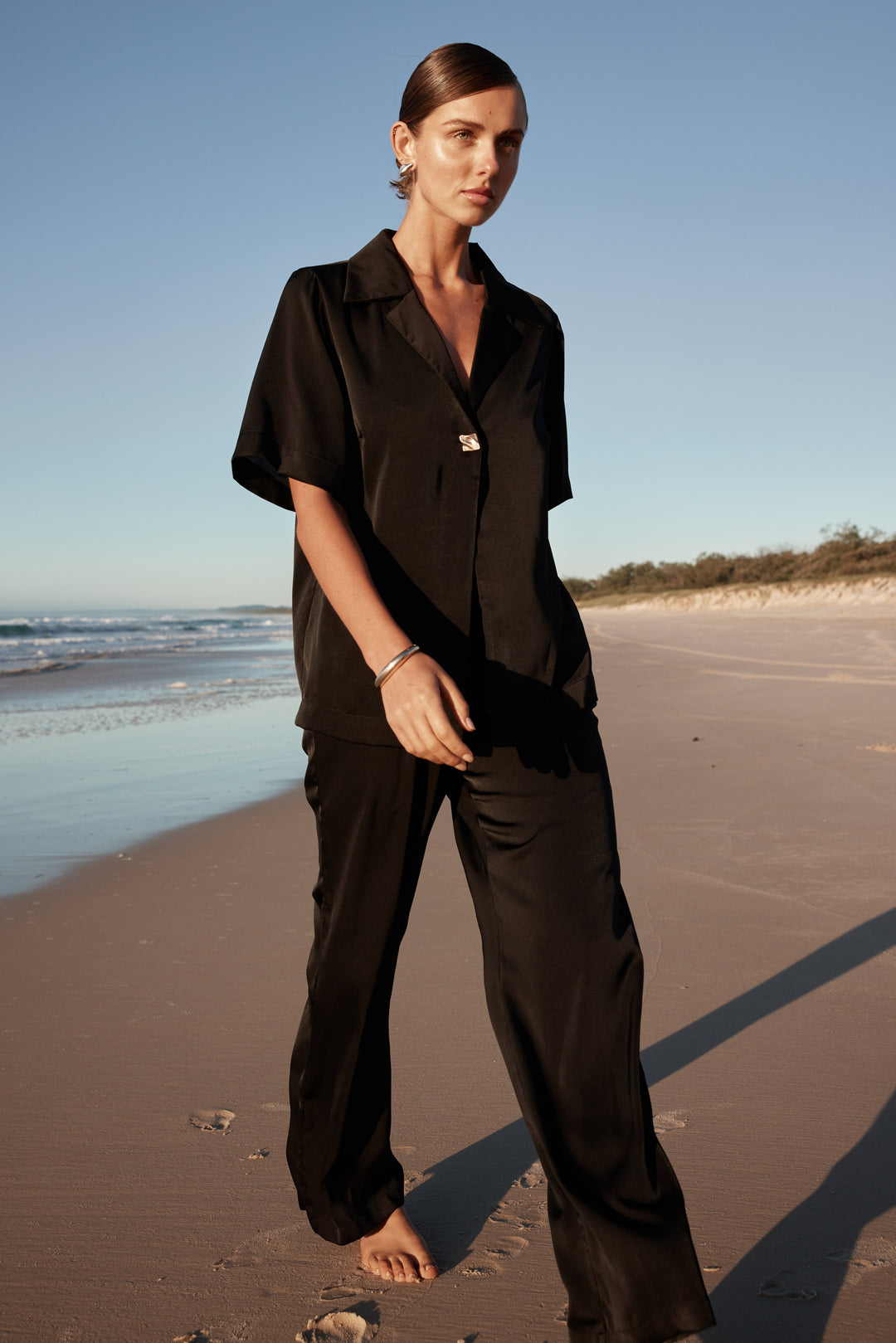 Black Satin Co Ord Set for Women with Collared Shirt and Plazos-0