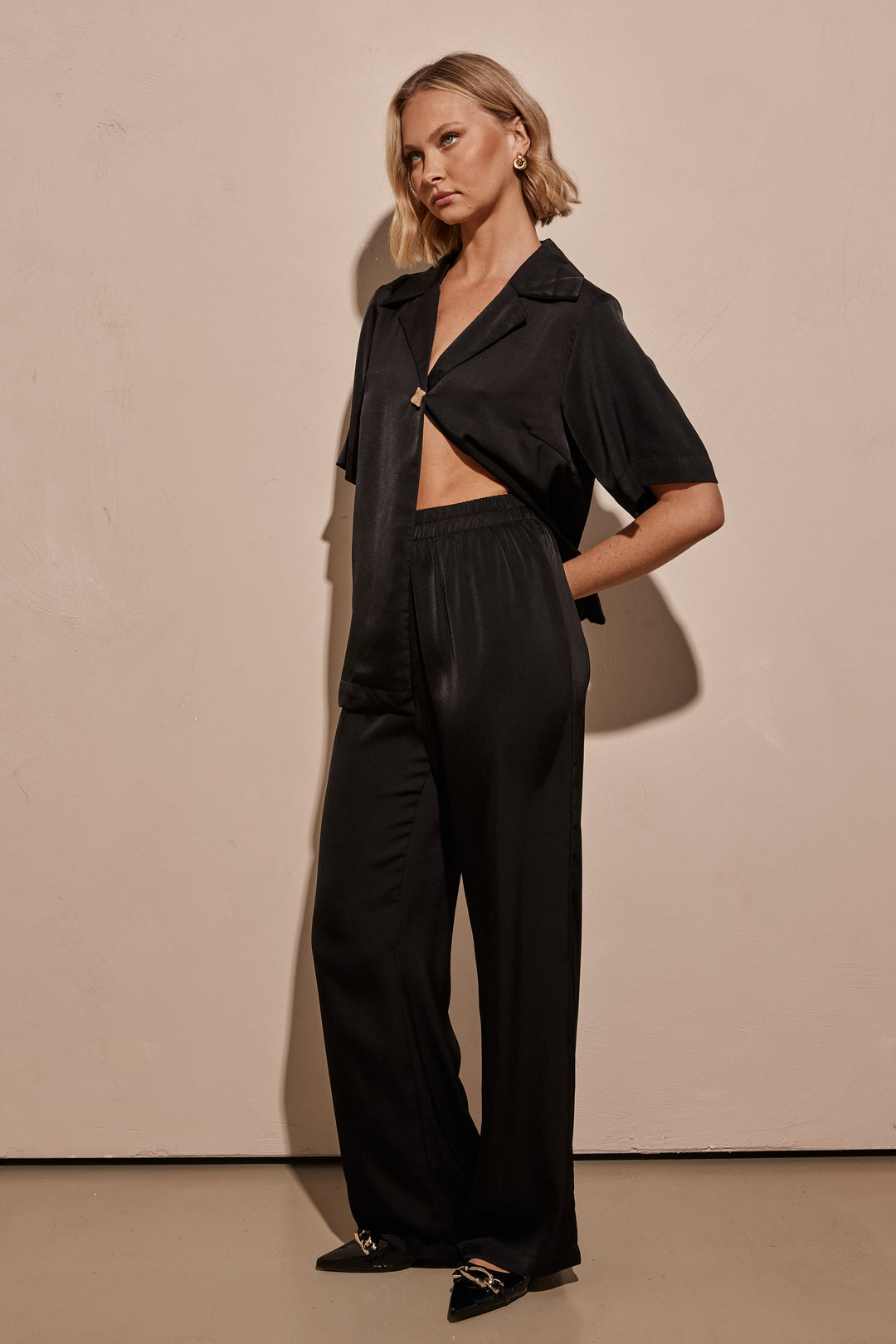 Black Satin Co Ord Set for Women with Collared Shirt and Plazos-2