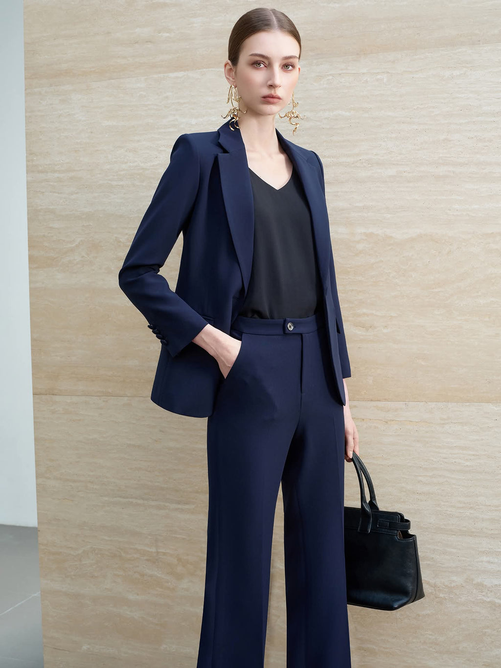 Modern Navy Power Suit with Wide-Leg Trousers-3