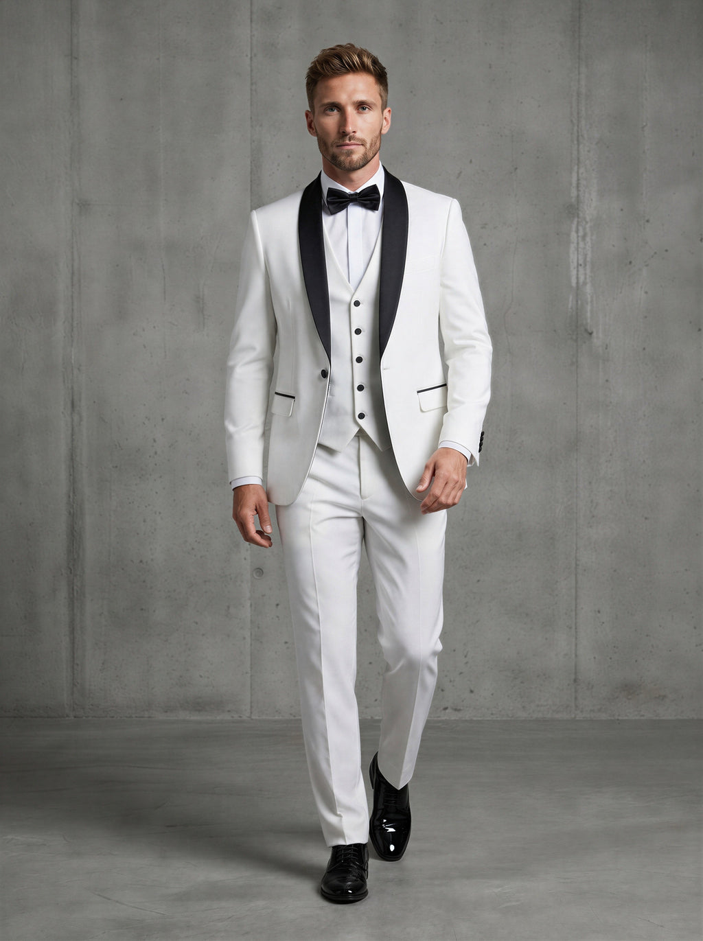 White men's 3 piece wedding tuxedo suit with black satin collar piping-0
