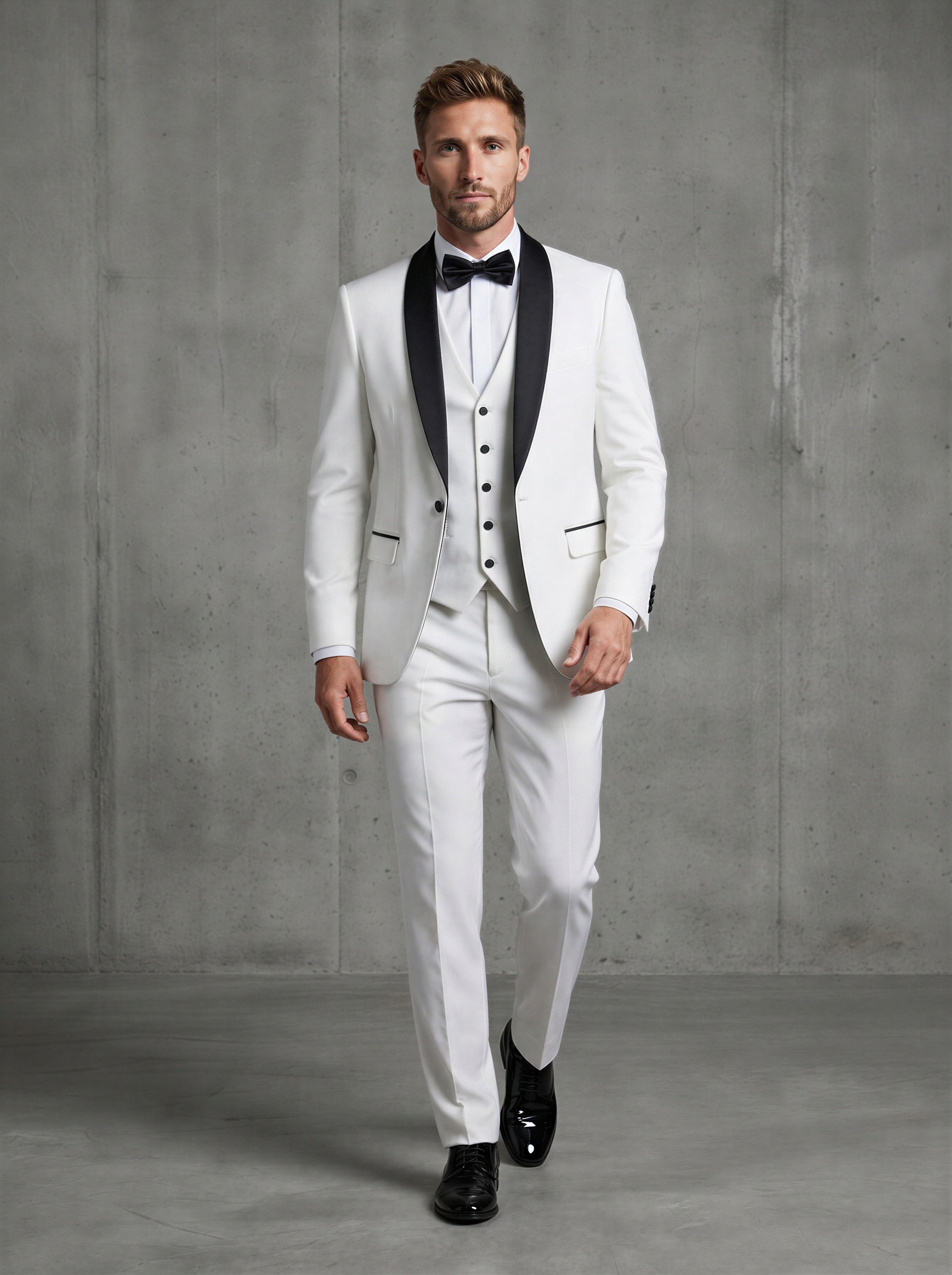 White men's 3 piece wedding tuxedo suit with black satin collar piping-0
