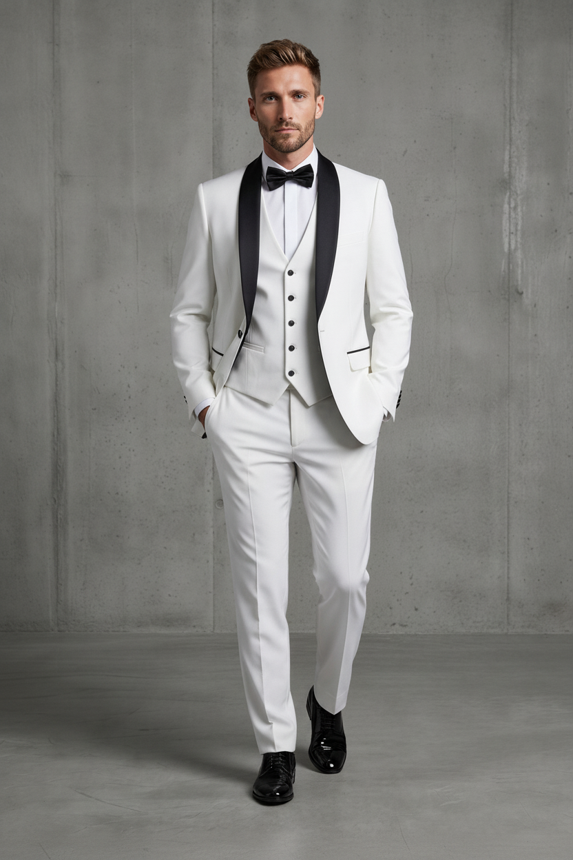 White men's 3 piece wedding tuxedo suit with black satin collar piping-2