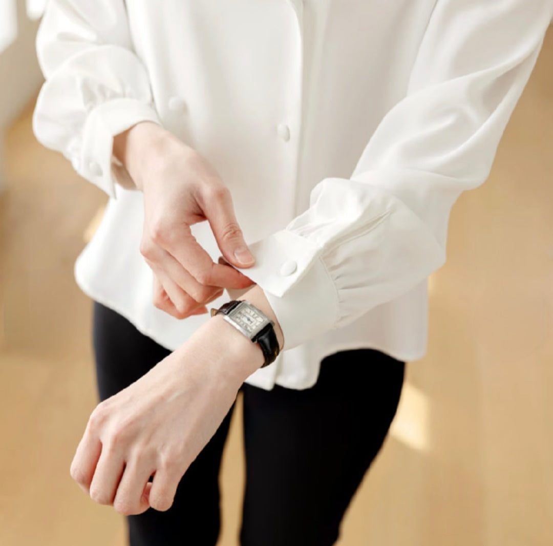 Shawl Collar Double-Breasted Formal Top with Puffed Sleeves-4