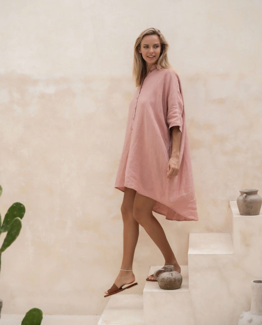 Peach Linen Asymmetric Dress-1