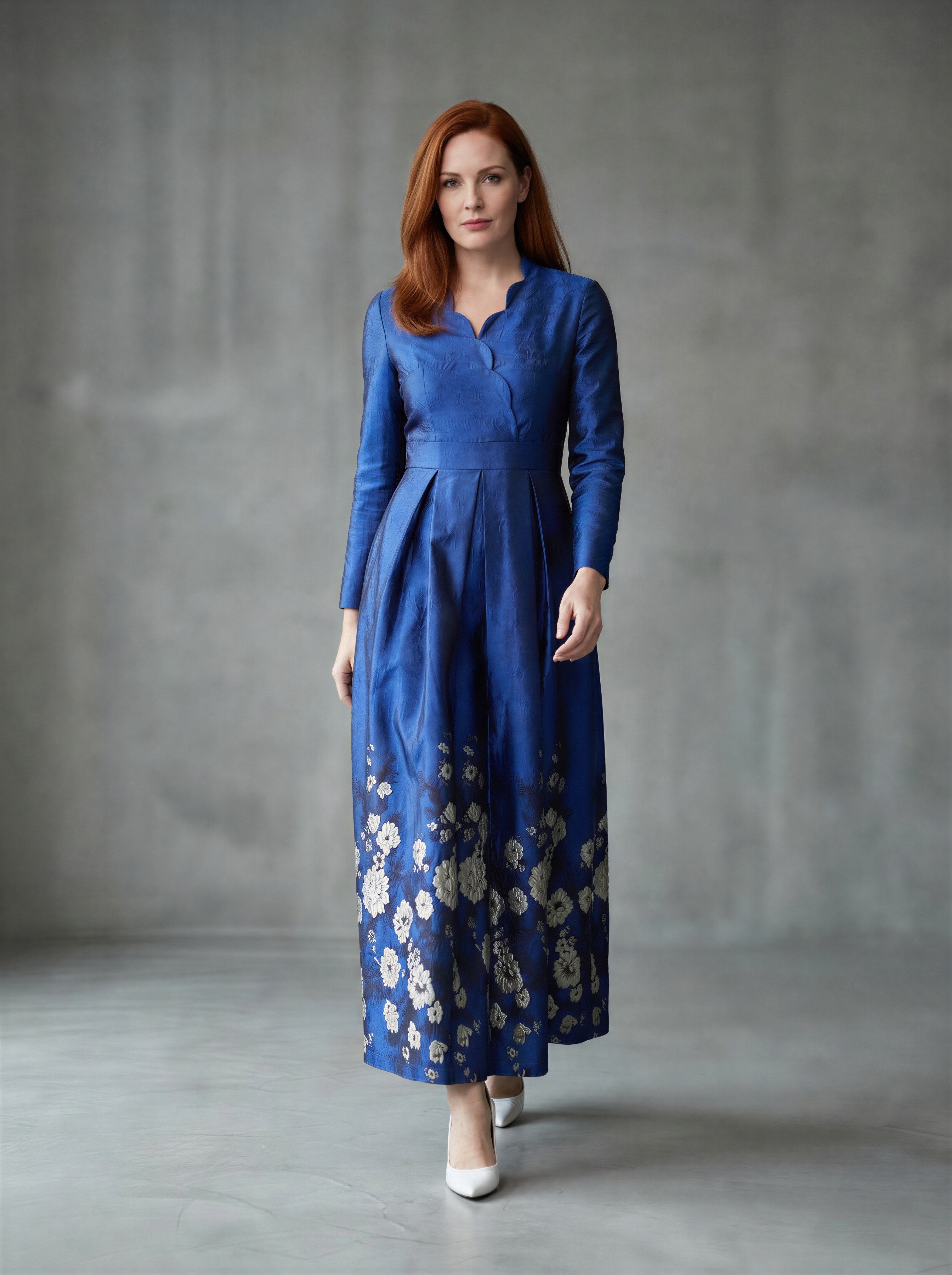 The Blue Floral Brocade Formal Mum Dress - Long Sleeves-0