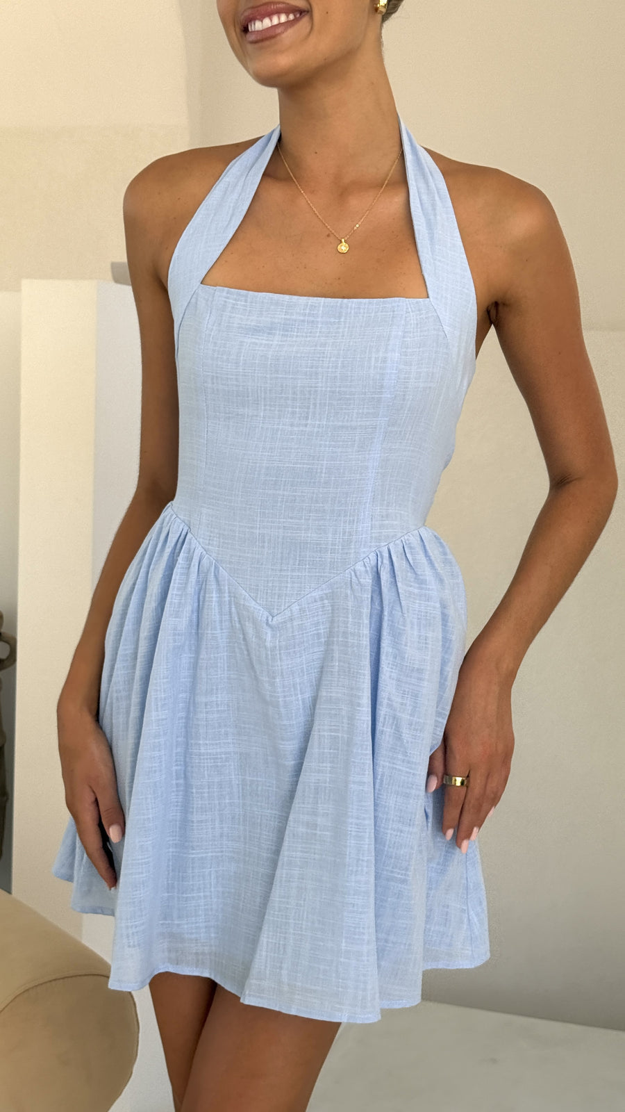 Light Blue Linen Halter Mini Dress-3