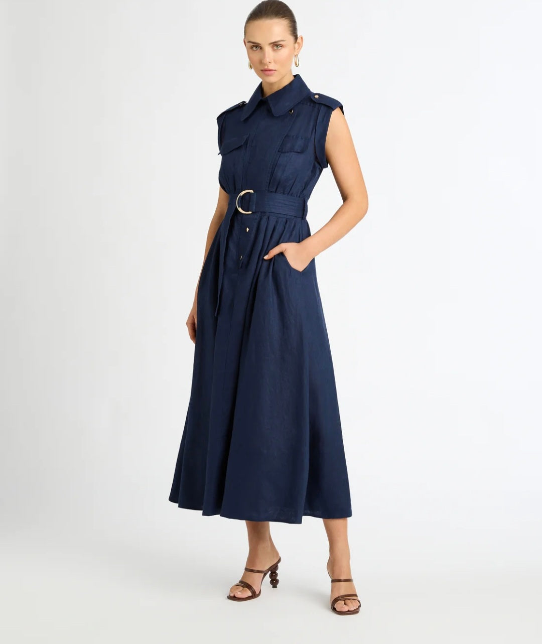 Blue Linen Midi Dress (syncee)-2