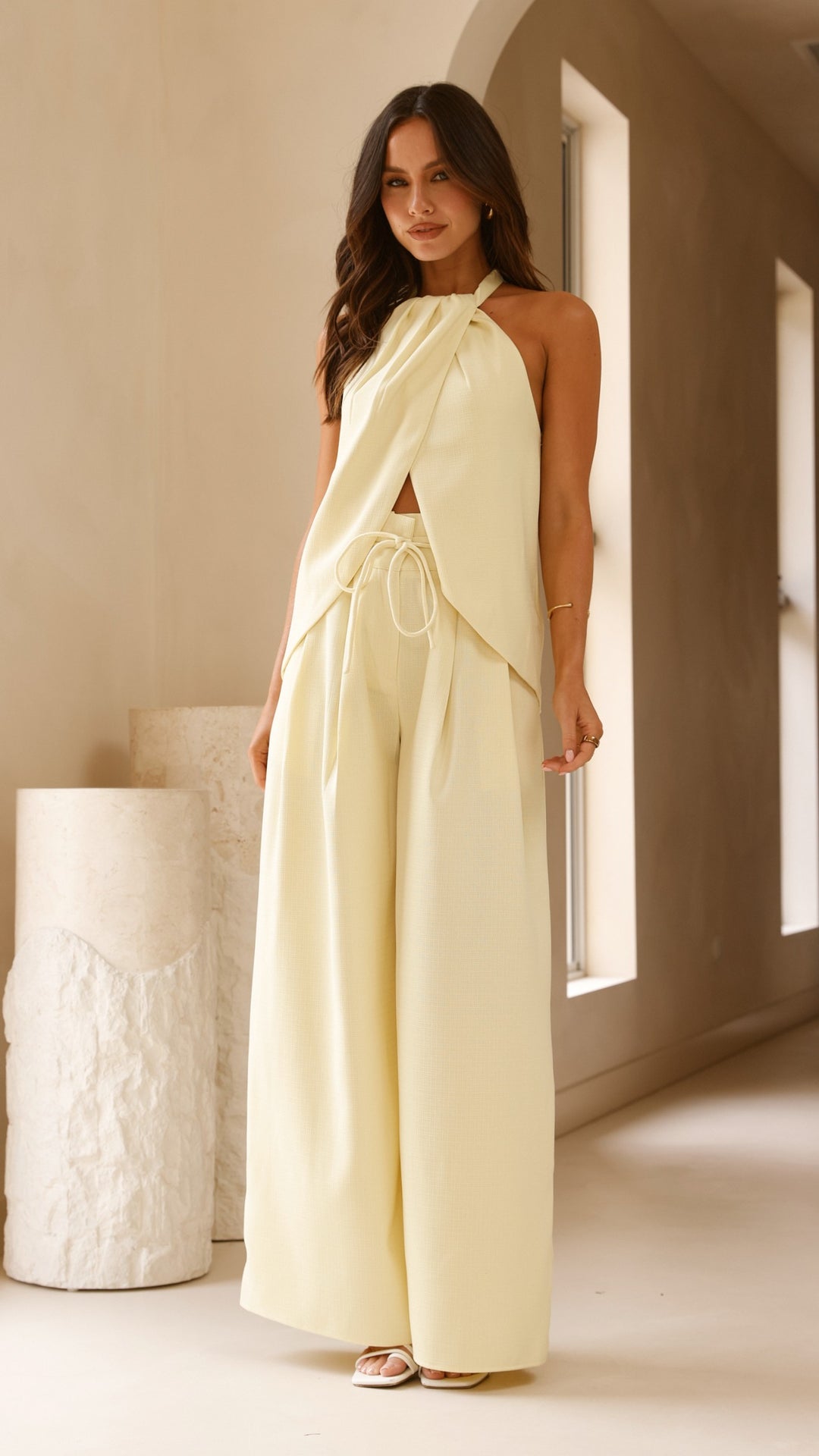 Midnight Drape Halter Top in Butter Yellow Crepe with Trousers-2