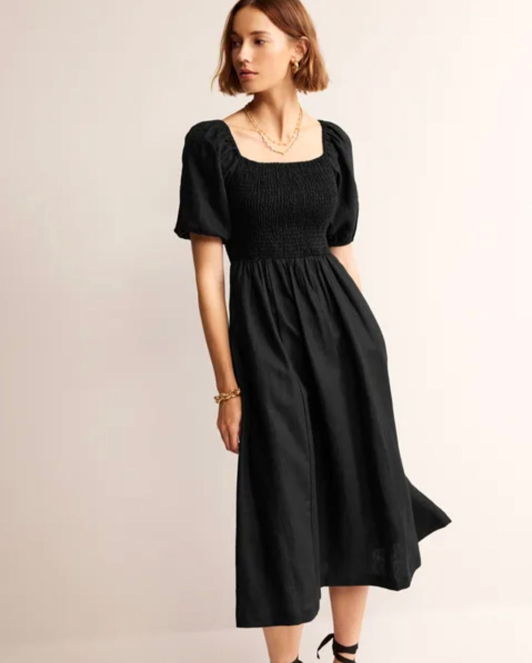 Black Linen Dress with Smock Design-1
