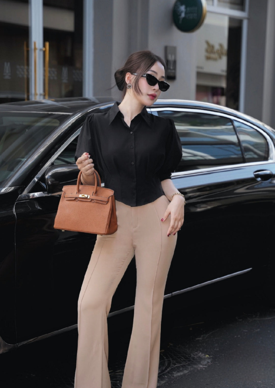 Cropped Poplin Cotton Shirt with Pleated Waist-4