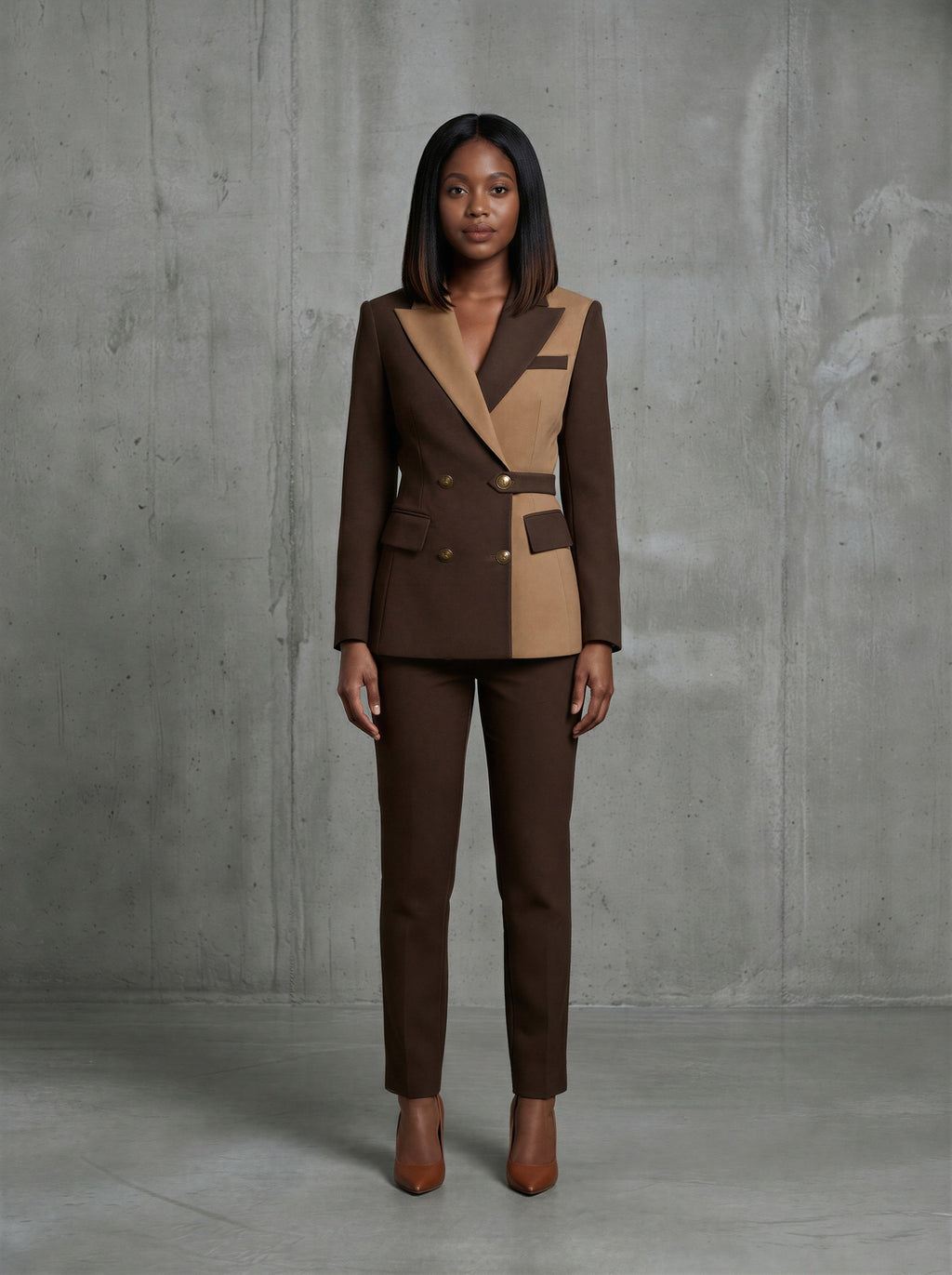 Brown double breasted two-tone belted pantsuit (UK size 6)-1
