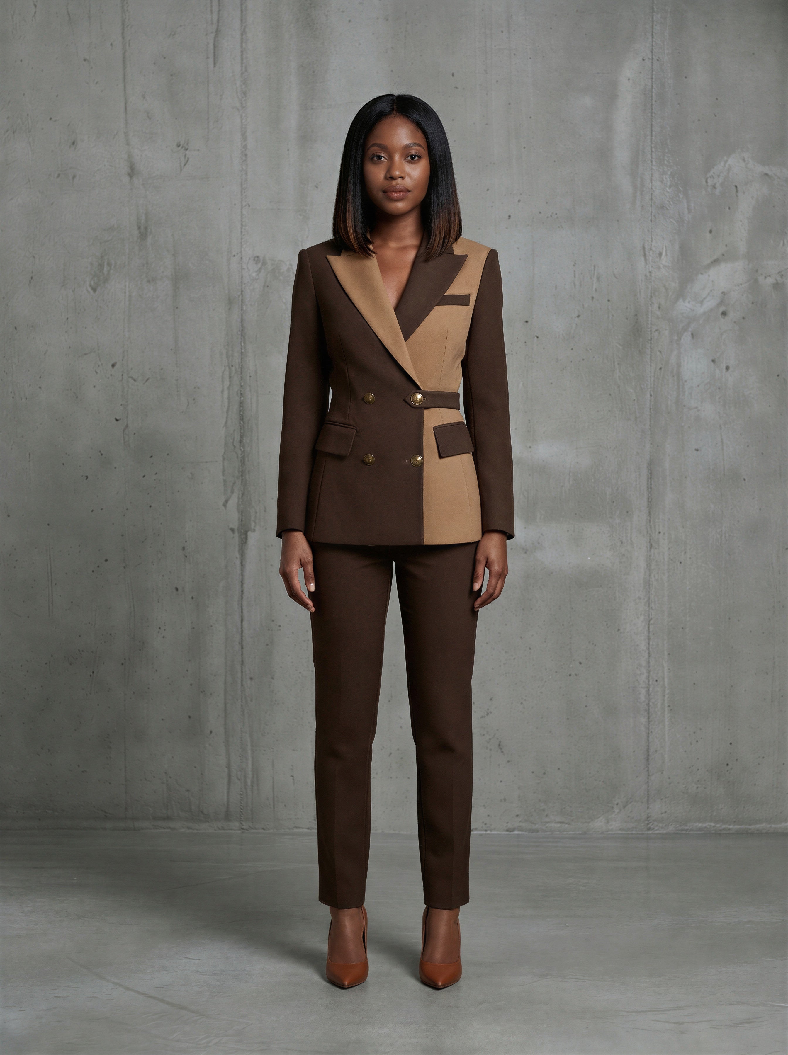 Brown double breasted two-tone belted pantsuit (UK size 6)-1