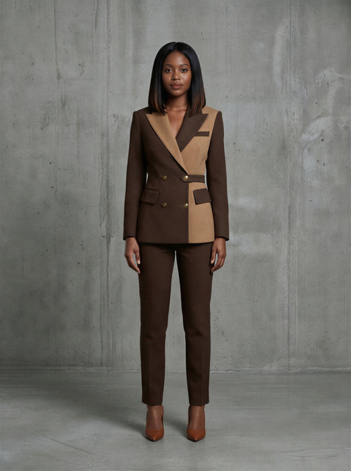 Brown double breasted two-tone belted pantsuit (UK size 6)-1